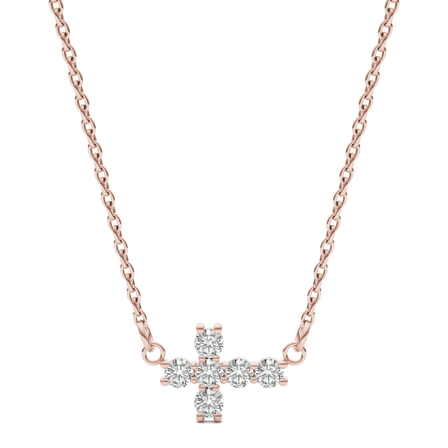 0.18 CTW DEW Round Moissanite Fixed Cross Necklace in 14K Rose Gold