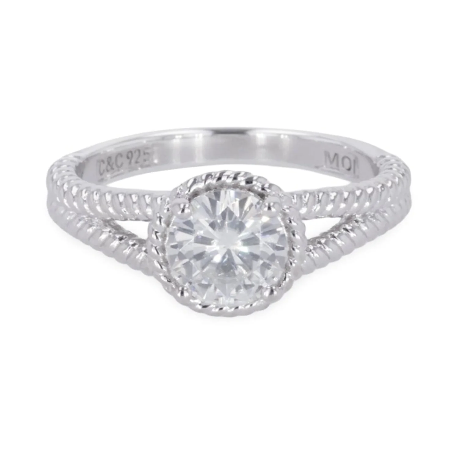 1.00 CTW DEW Round Moissanite Split-Shank Engagement Ring in Sterling Silver
