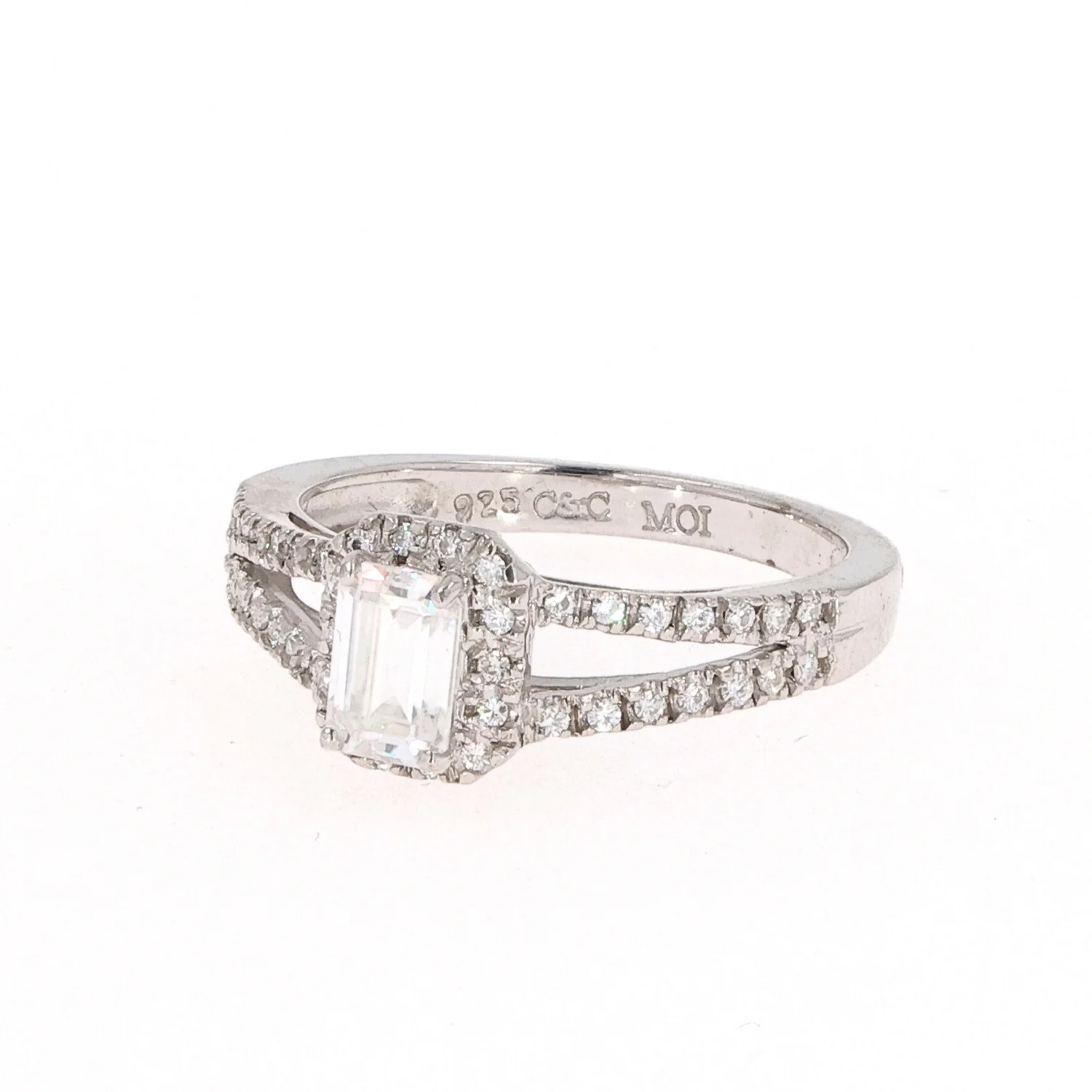 1.11 CTW DEW Emerald Moissanite Split-Shank Halo Engagement Ring in Sterling Silver - Image 2