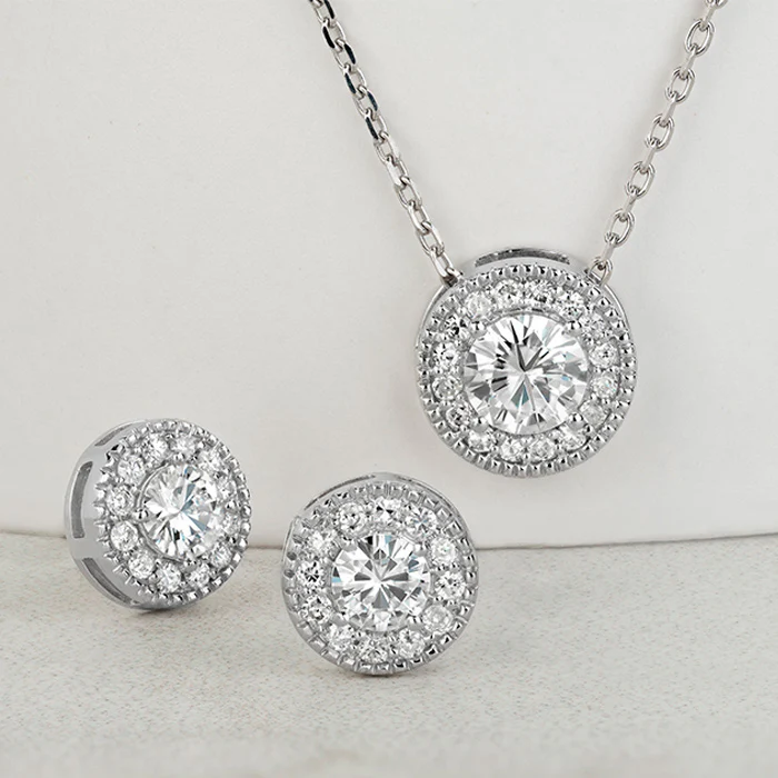 1.96 CTW DEW Round Moissanite Halo Earring & Pendant Set in Sterling Silver - Image 3