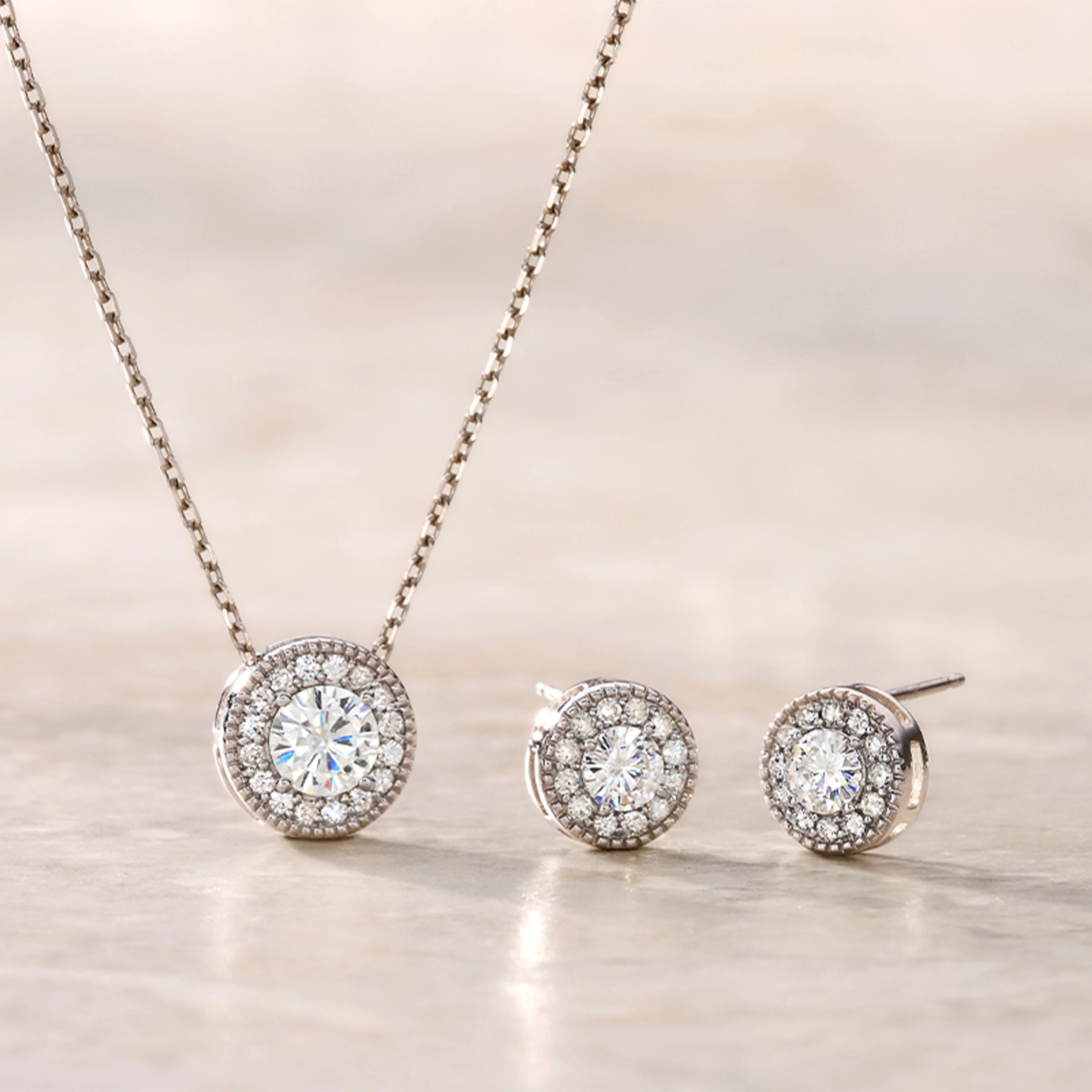 1.96 CTW DEW Round Moissanite Halo Earring & Pendant Set in Sterling Silver - Image 4