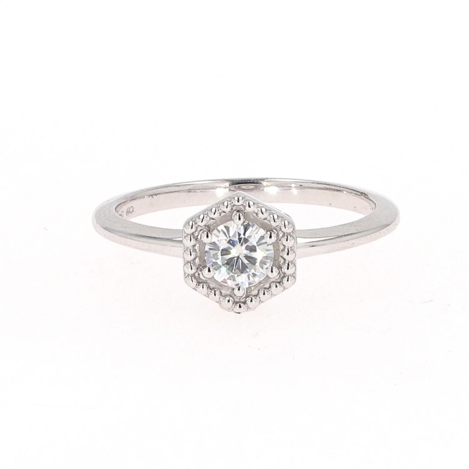 0.33 CTW DEW Round Moissanite Hexagon Milgrain Halo Ring in Sterling Silver