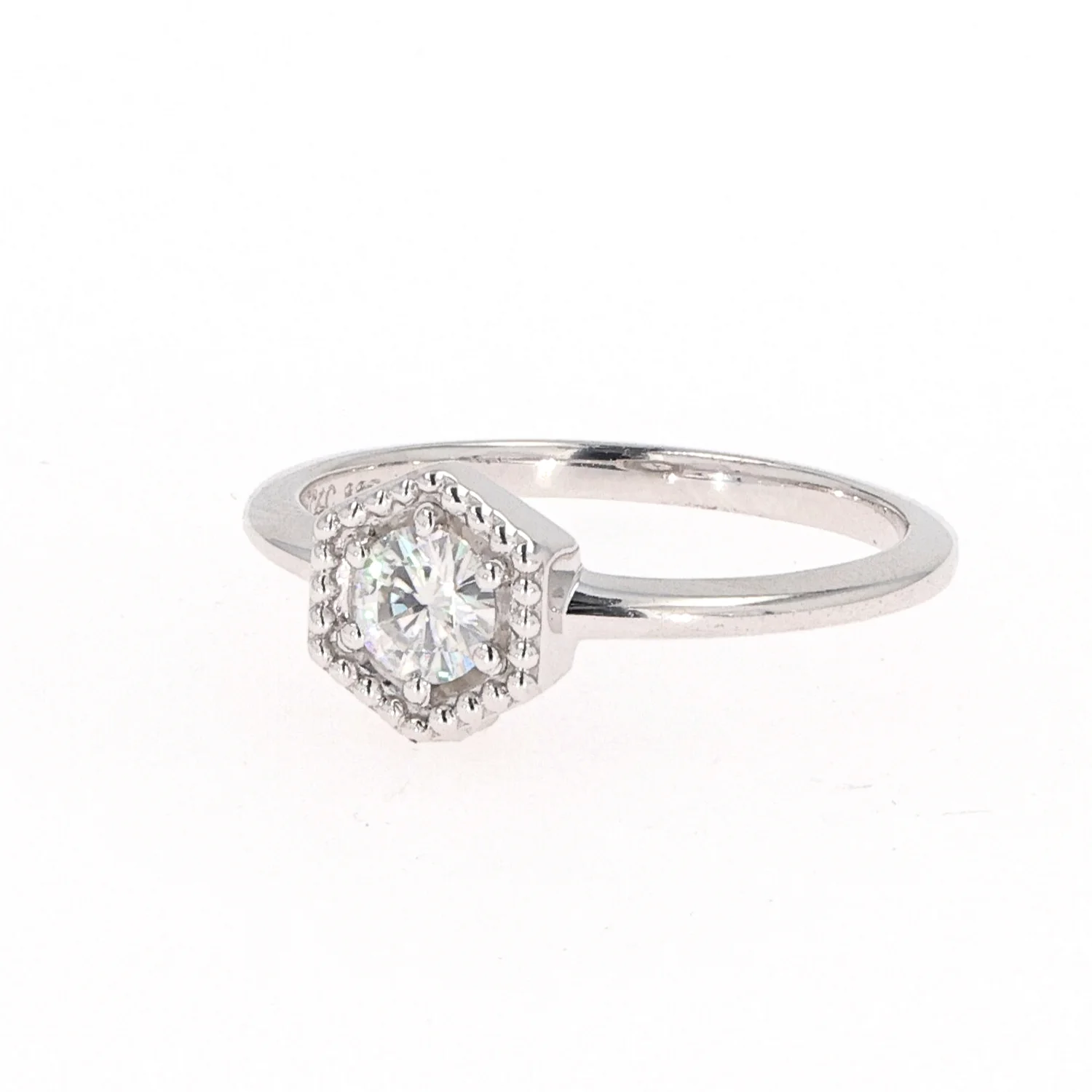 0.33 CTW DEW Round Moissanite Hexagon Milgrain Halo Ring in Sterling Silver - Image 2
