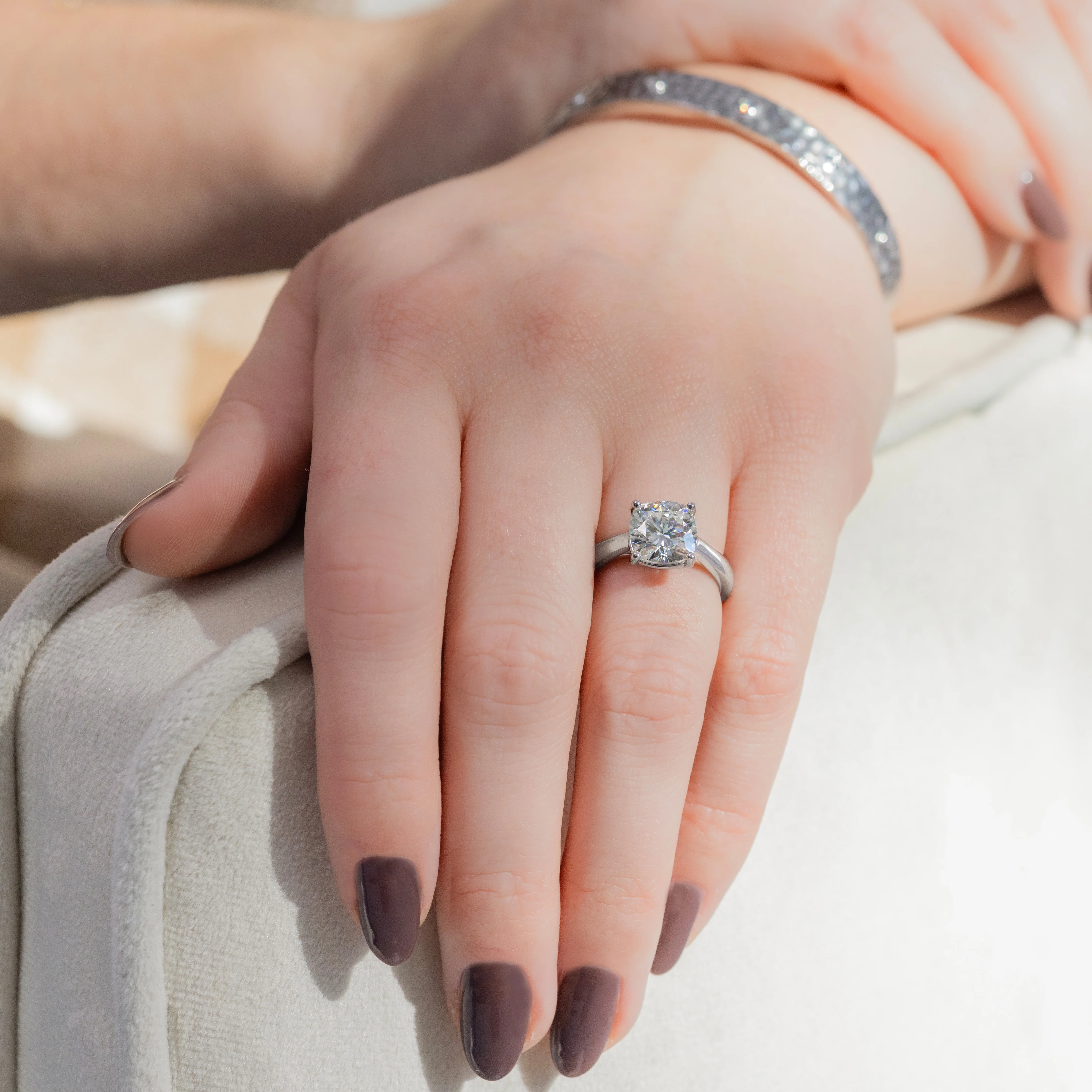 2.00 CTW DEW Cushion Moissanite Cathedral Solitaire Engagement Ring in 14K White Gold - Image 6