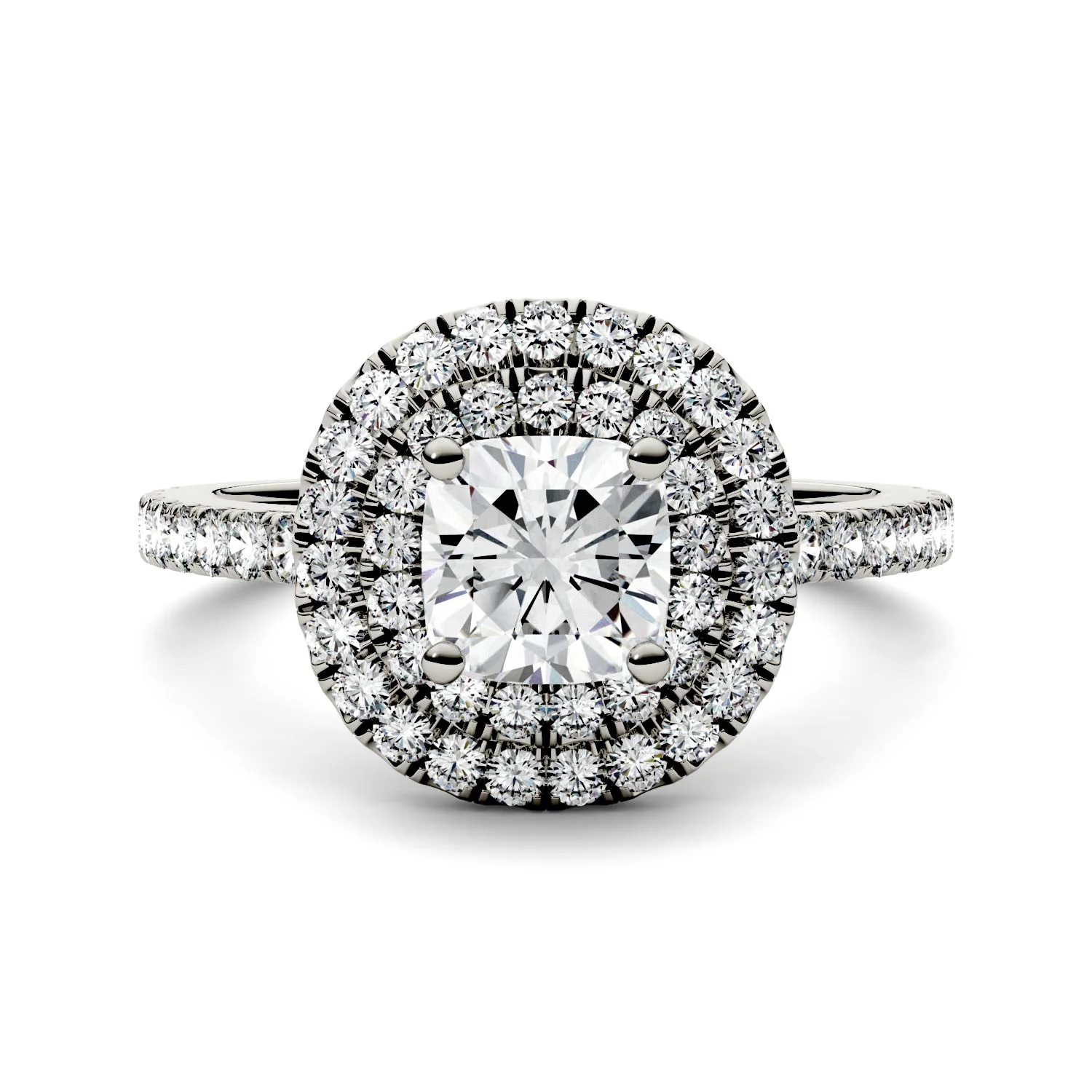 1.77 CTW DEW Cushion Moissanite Halo Side-Stone Engagement Ring in 14K White Gold - Image 2