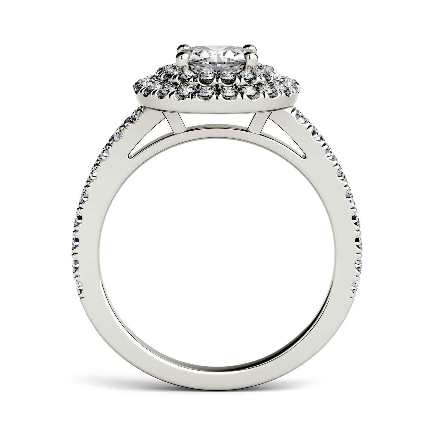 1.77 CTW DEW Cushion Moissanite Halo Side-Stone Engagement Ring in 14K White Gold - Image 4