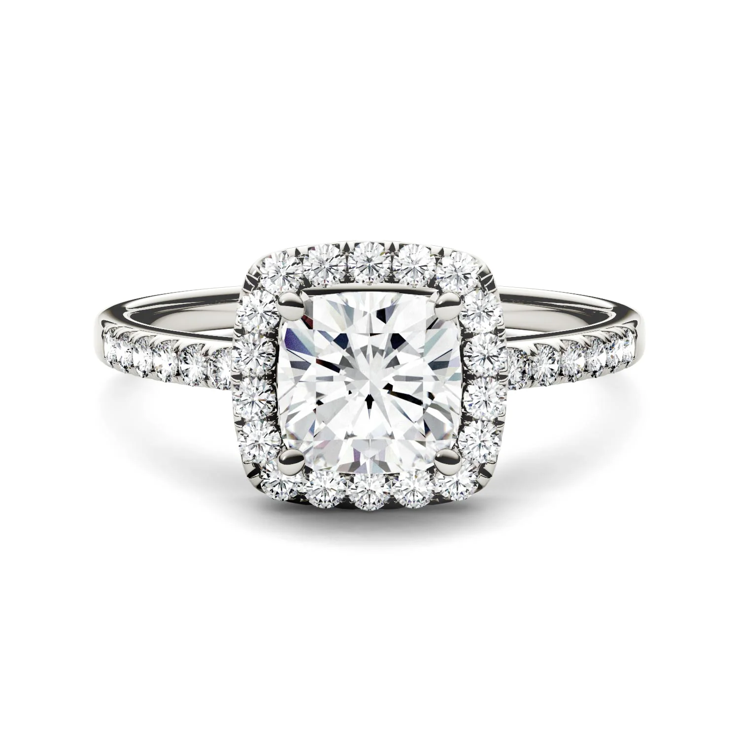 1.40 CTW DEW Cushion Moissanite Side-Stone Halo Engagement Ring in 14K White Gold
