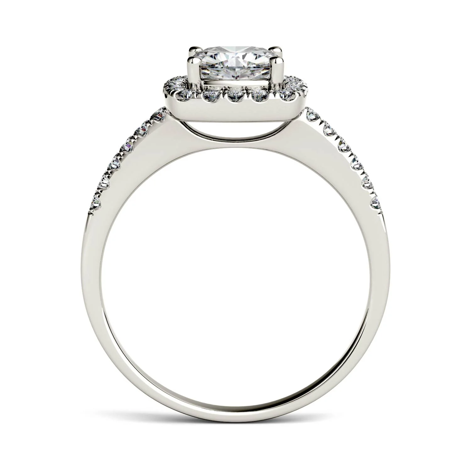 1.40 CTW DEW Cushion Moissanite Side-Stone Halo Engagement Ring in 14K White Gold - Image 3