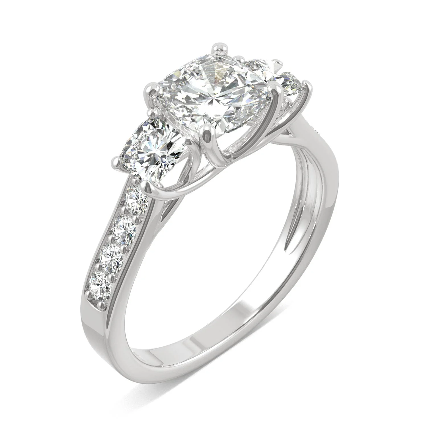 2.14 CTW DEW Cushion Moissanite Three-Stone Ring in 14K White Gold - Image 2