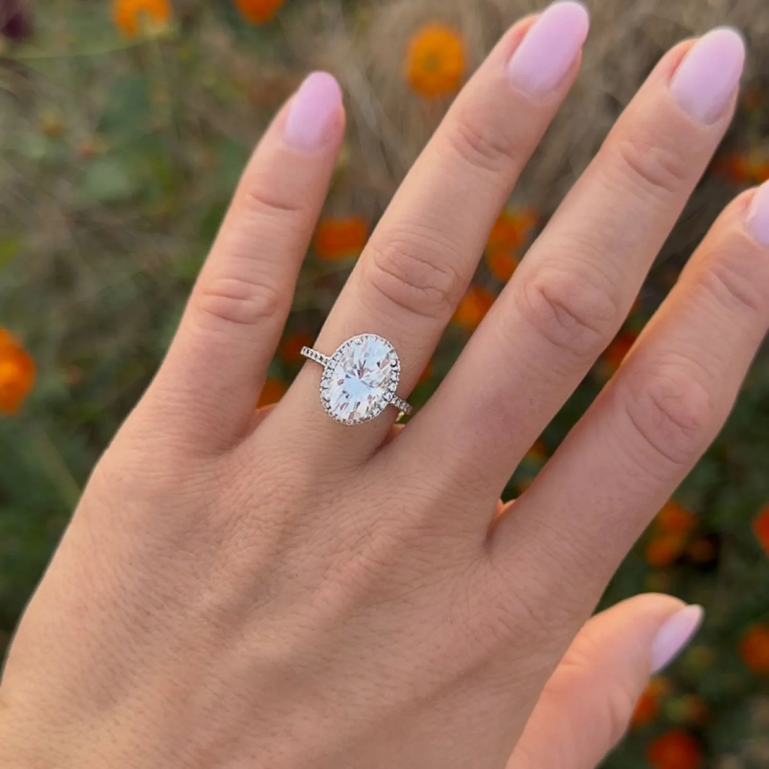 4.75 CTW DEW Elongated Oval Moissanite Halo Ring in 14K White Gold - Image 6