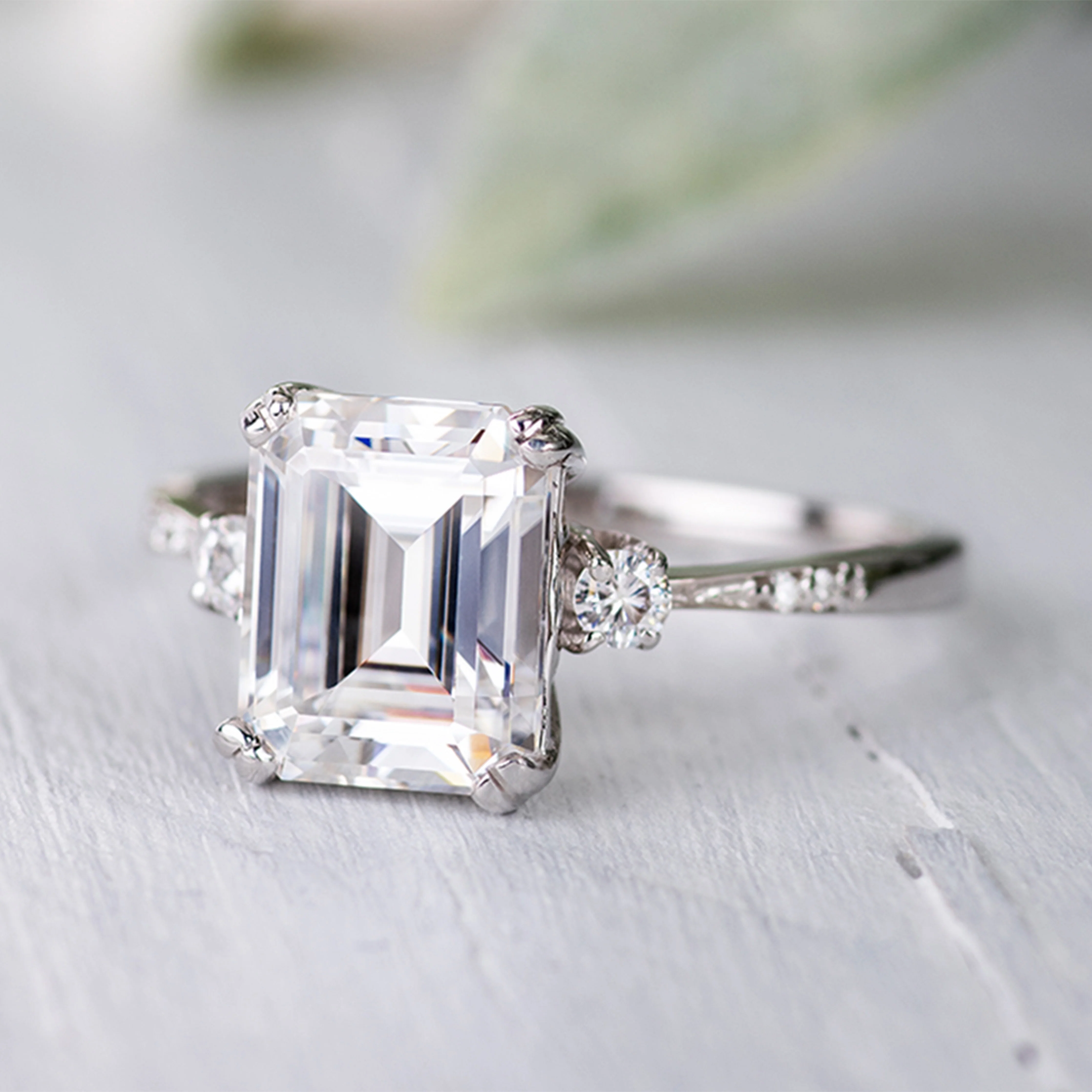 3.69 CTW DEW Emerald Moissanite Ring in 14K White Gold - Image 6