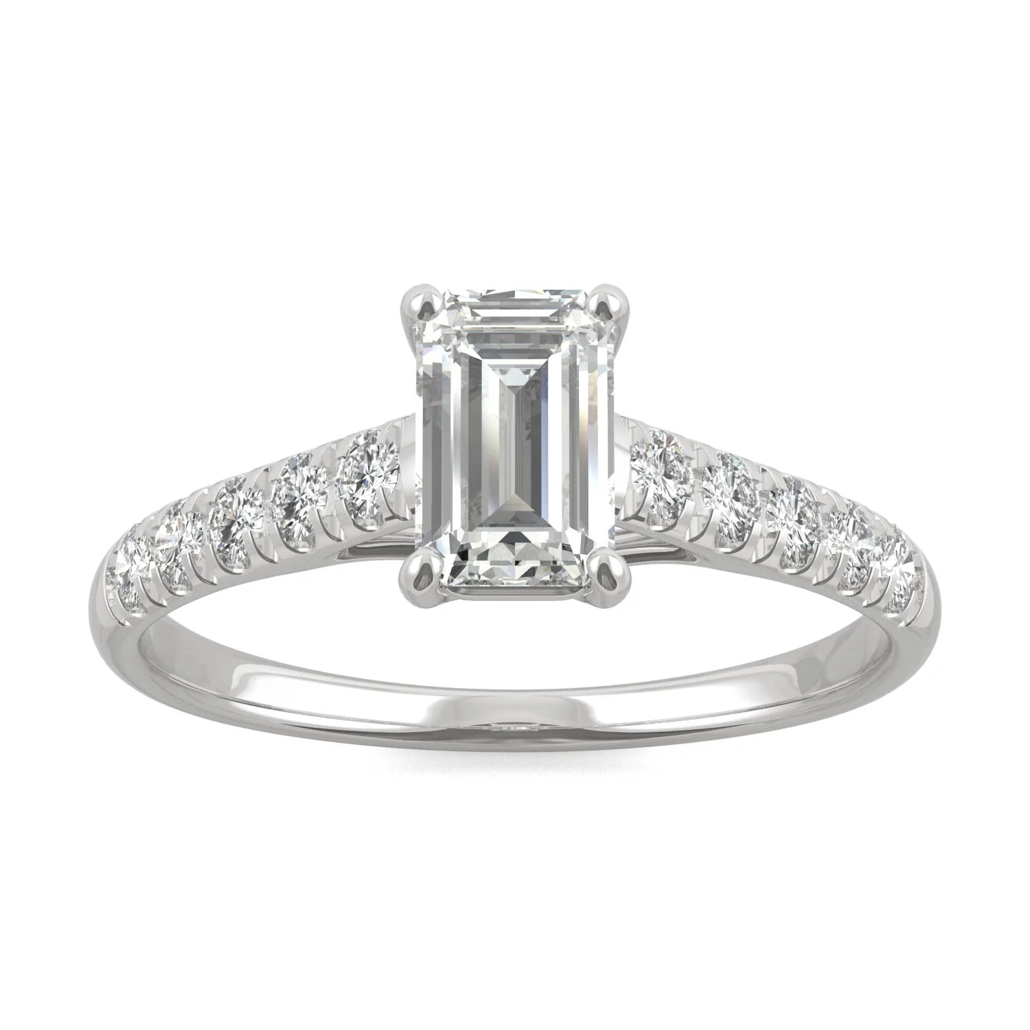 1.24 CTW DEW Emerald Moissanite Side-Stone Engagement Ring in 14K White Gold