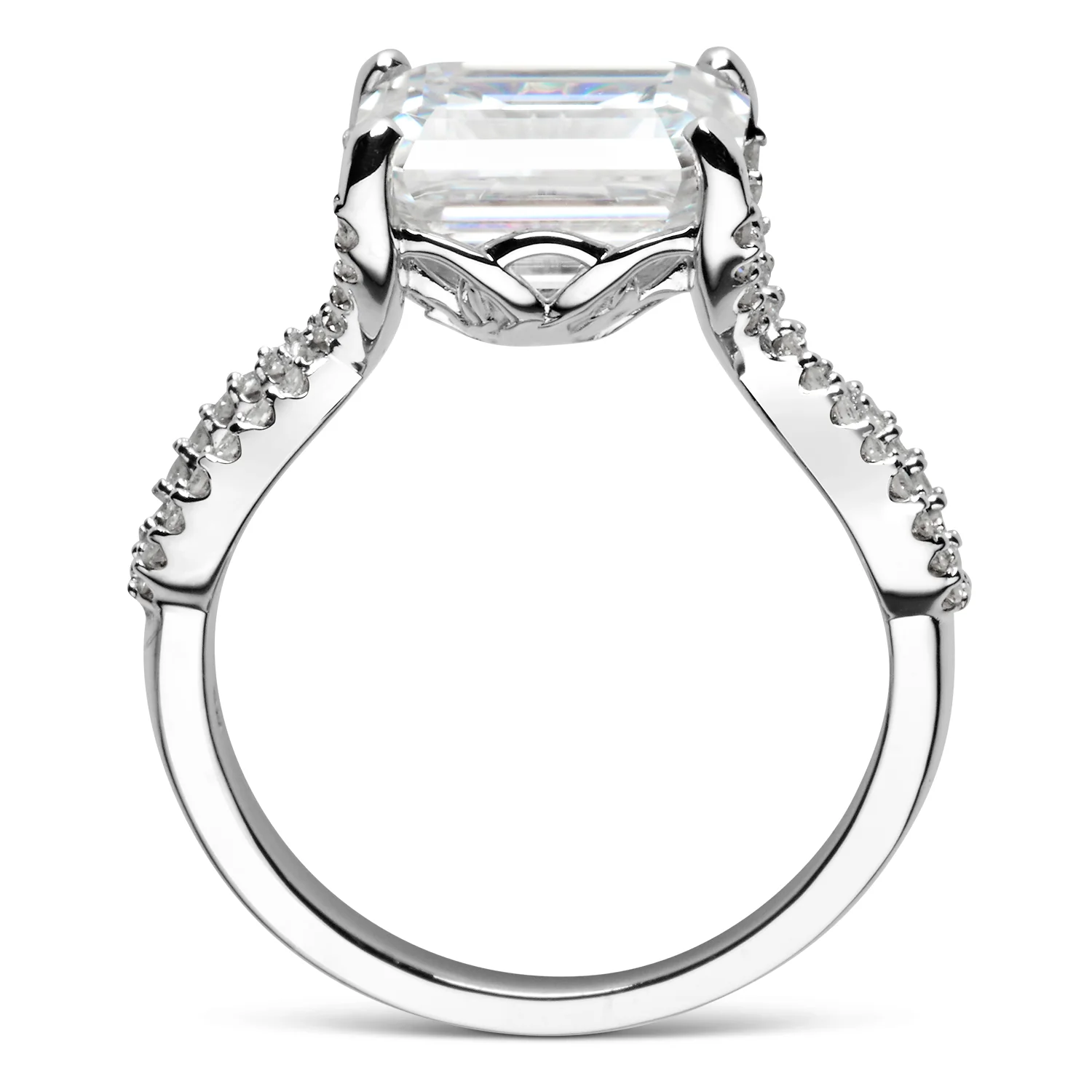 3.80 CTW DEW Emerald Moissanite East-West Twist Side-Stone Engagement Ring in 14K White Gold - Image 4