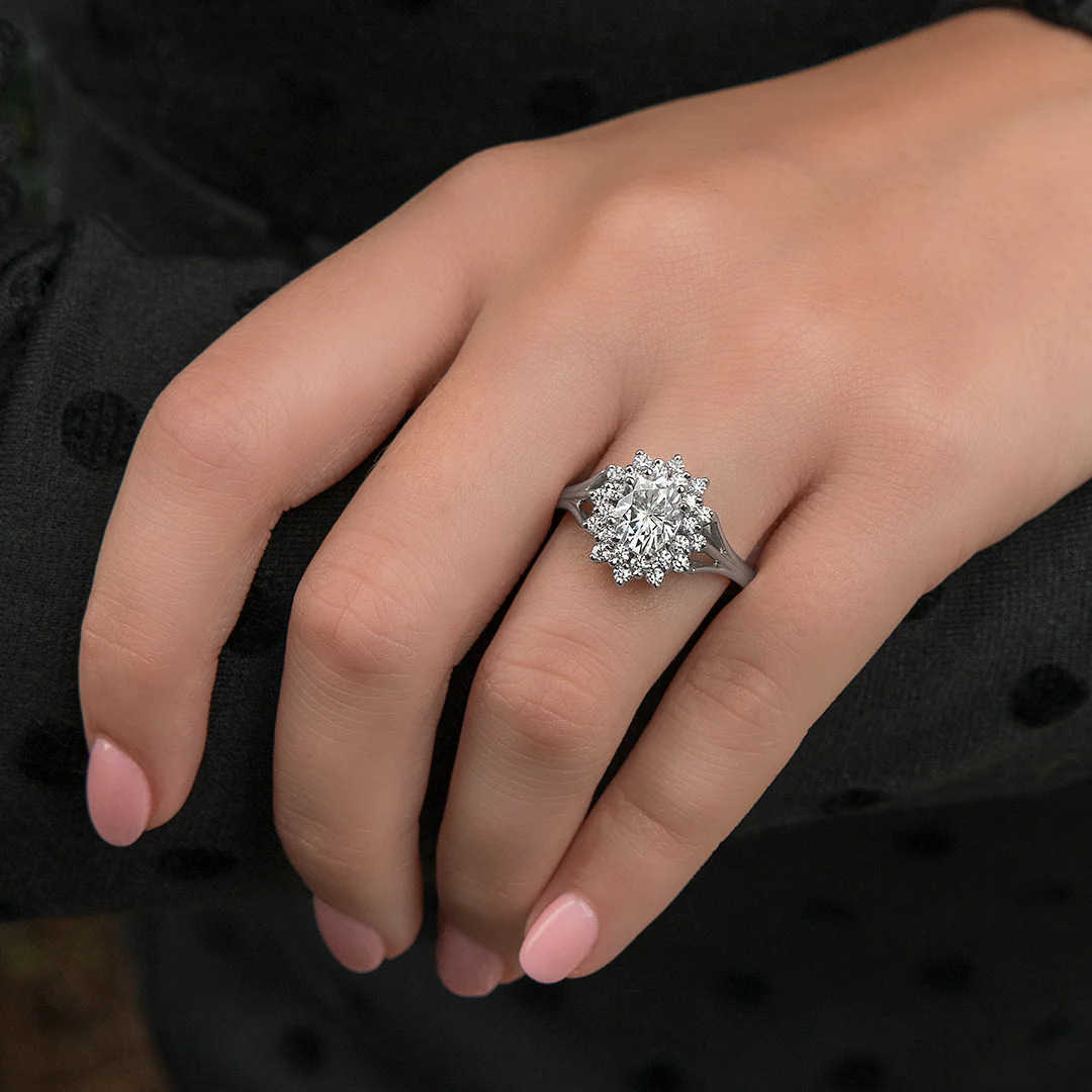 1.98 CTW DEW Oval Moissanite Floral Halo Ring in 14K White Gold - Image 6