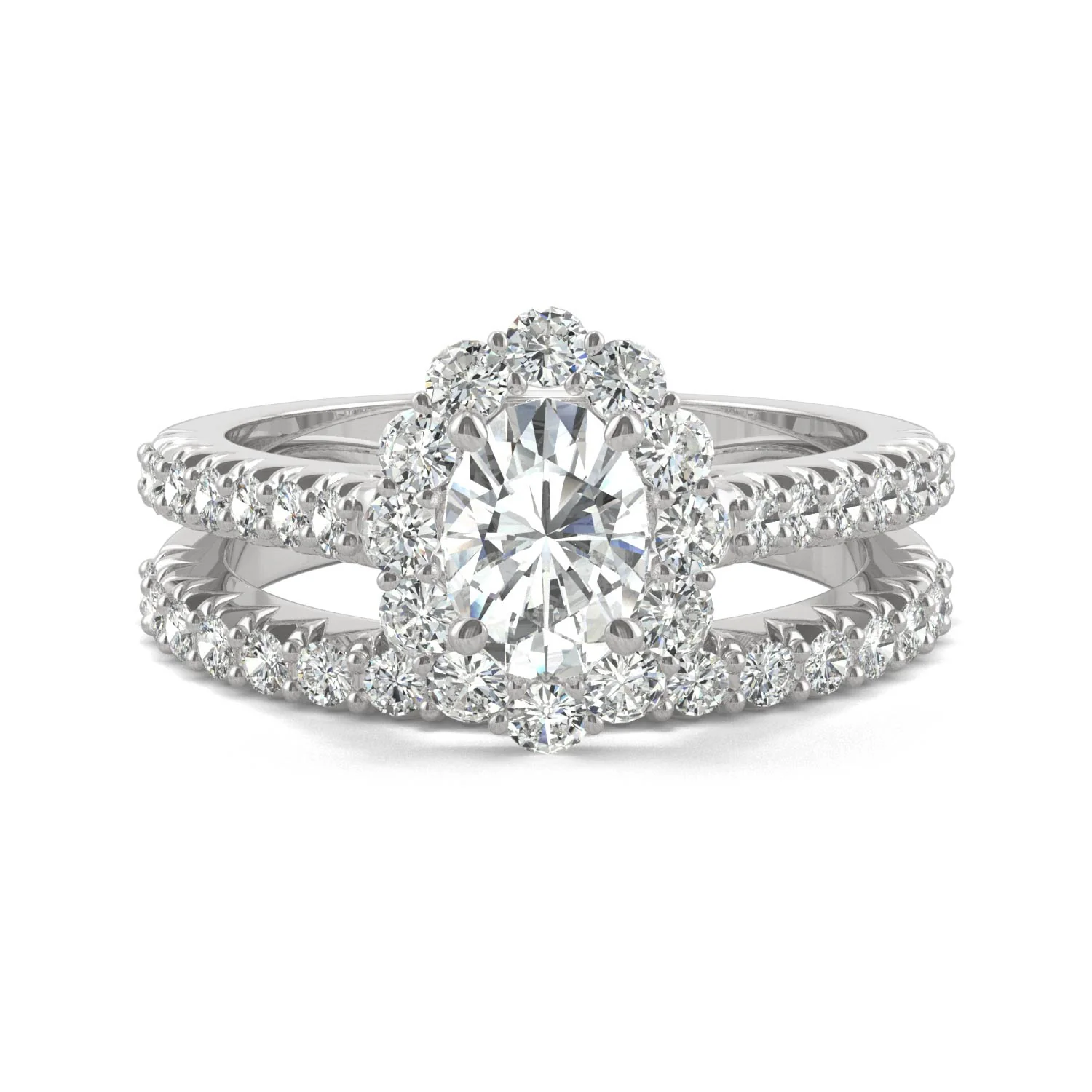 1.88 CTW DEW Oval Moissanite Halo Bridal Set in 14K White Gold - Image 4