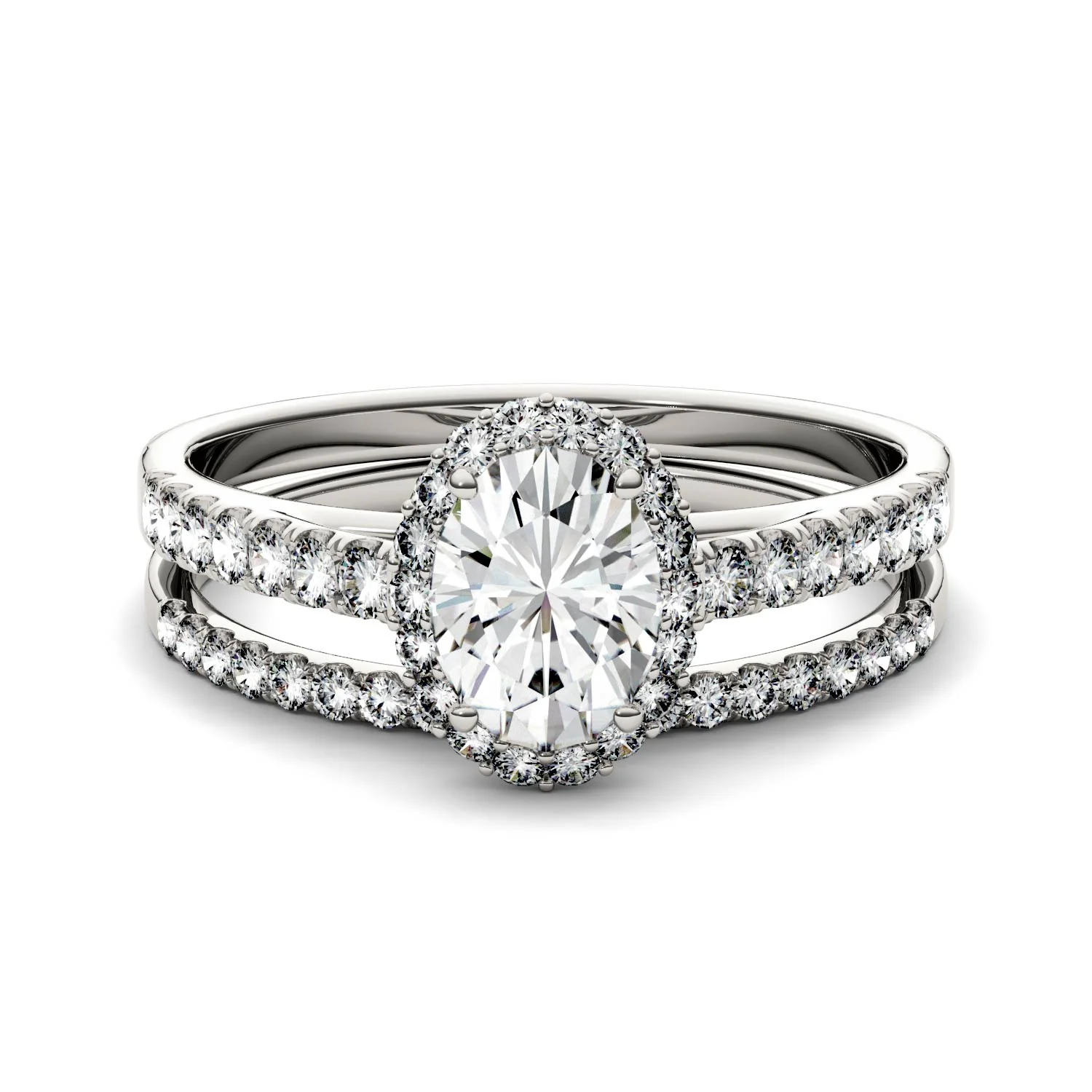 1.28 CTW DEW Oval Moissanite Side-Stone Halo Bridal Set in 14K White Gold - Image 4