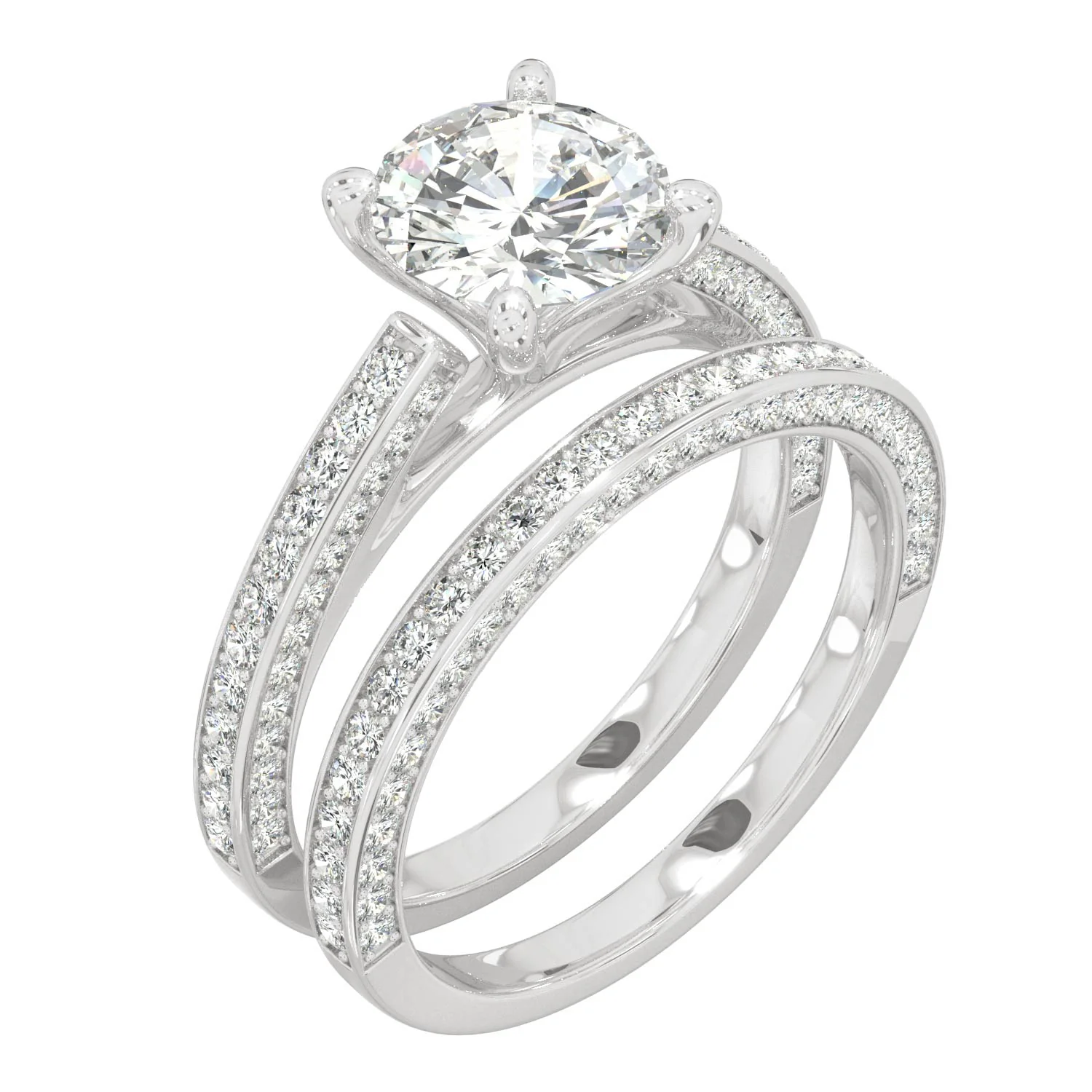 2.71 CTW DEW Round Moissanite Side-Stone Bridal Set in 14K White Gold - Image 2
