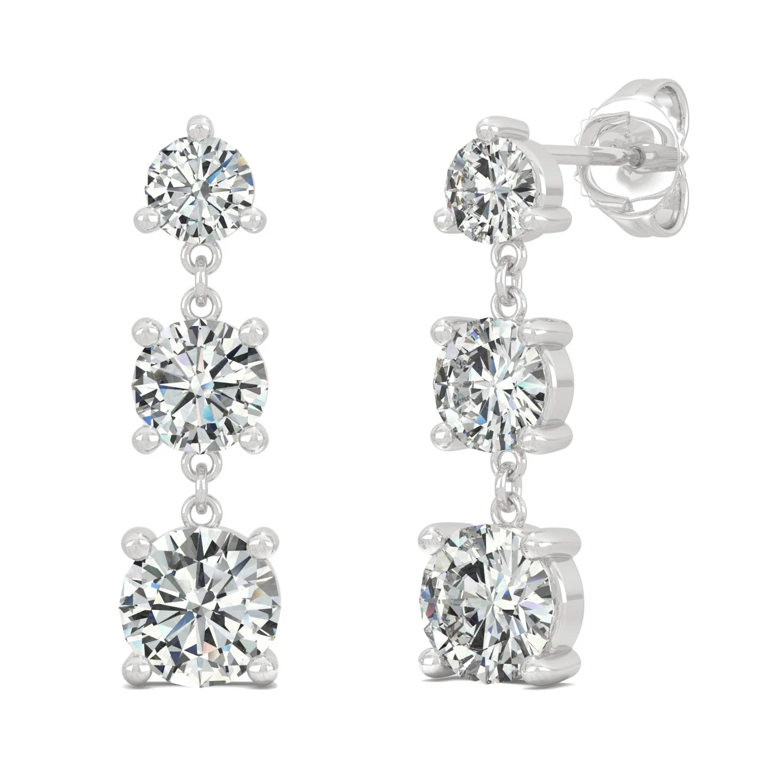 2.18 CTW DEW Round Moissanite Graduated Drop Earrings in 14K White Gold - Image 3