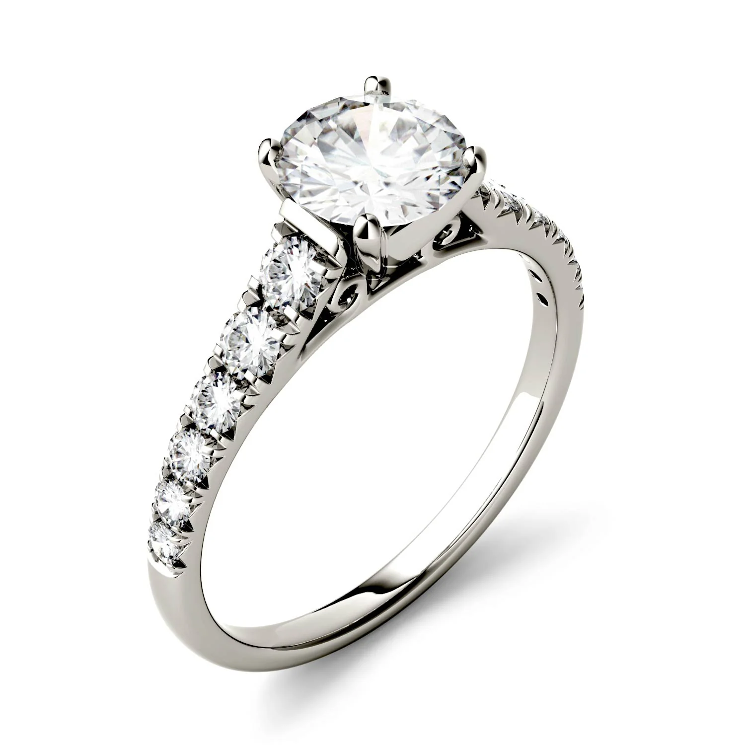 1.29 CTW DEW Round Moissanite Tapered Side-Stone Engagement Ring in 14K White Gold - Image 2