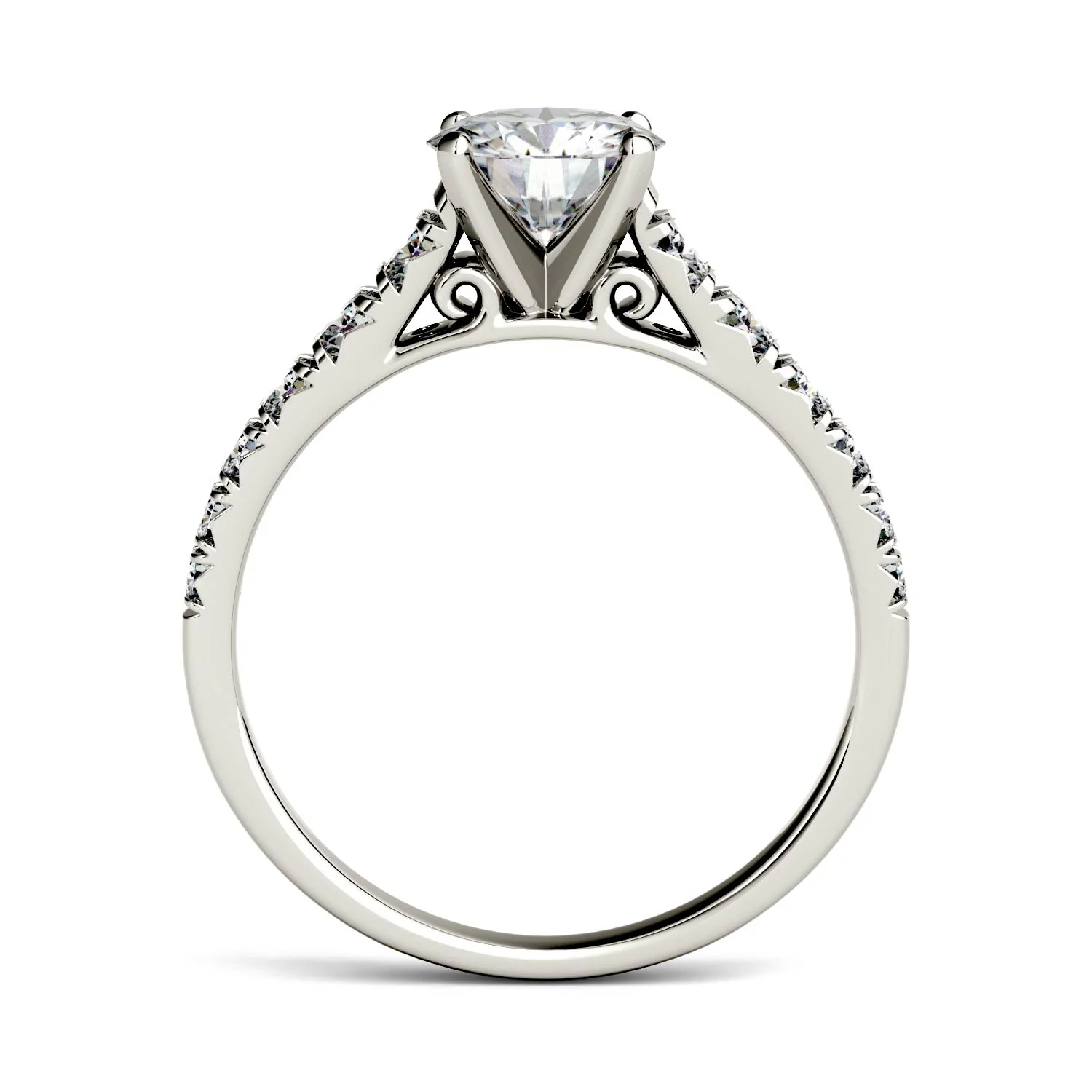 1.29 CTW DEW Round Moissanite Tapered Side-Stone Engagement Ring in 14K White Gold - Image 3
