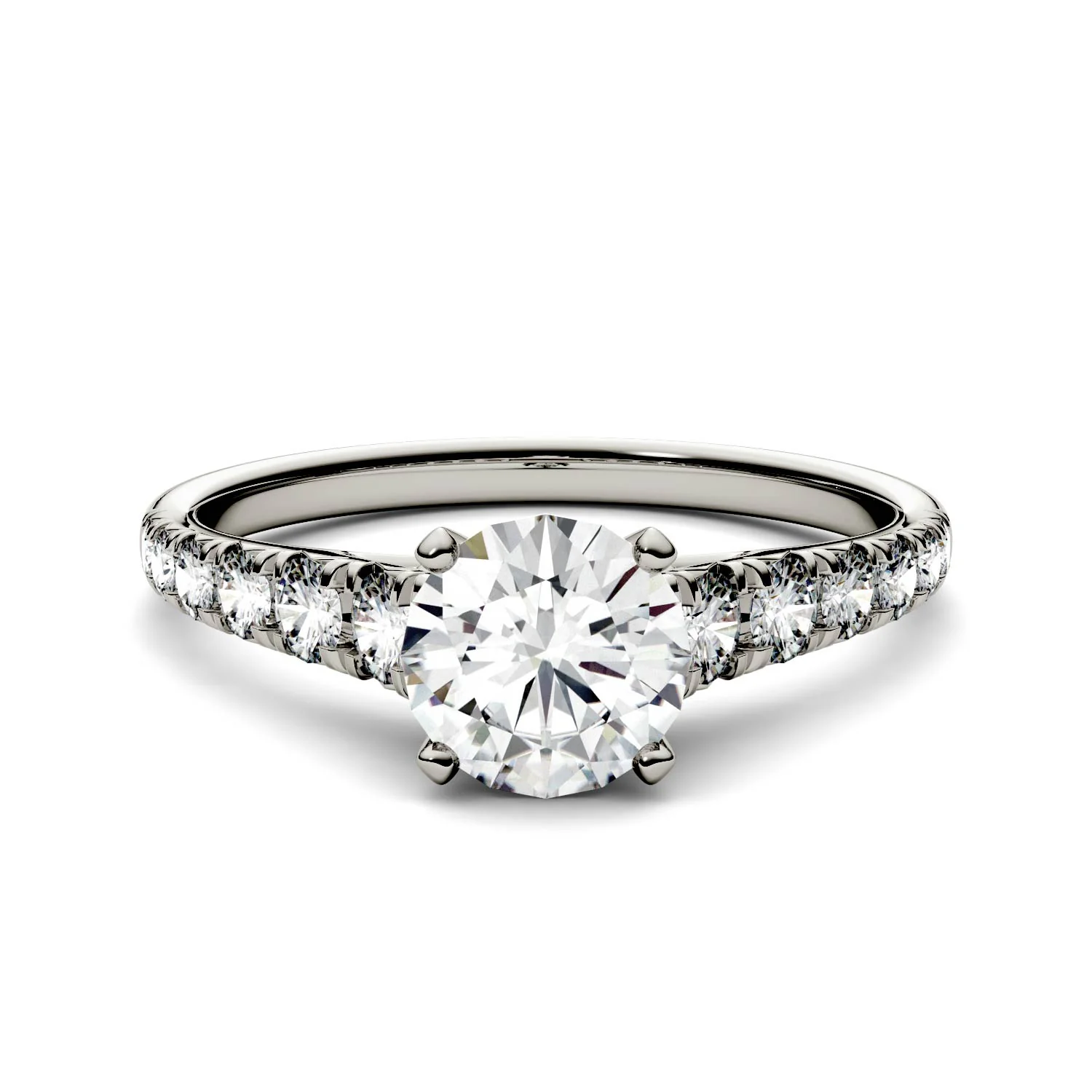 1.29 CTW DEW Round Moissanite Tapered Side-Stone Engagement Ring in 14K White Gold - Image 4