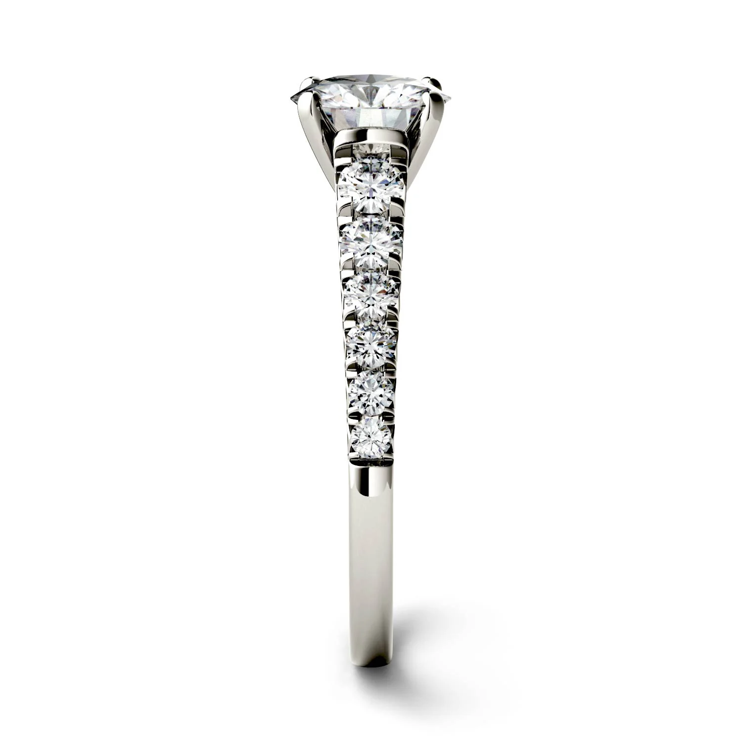 1.29 CTW DEW Round Moissanite Tapered Side-Stone Engagement Ring in 14K White Gold - Image 5