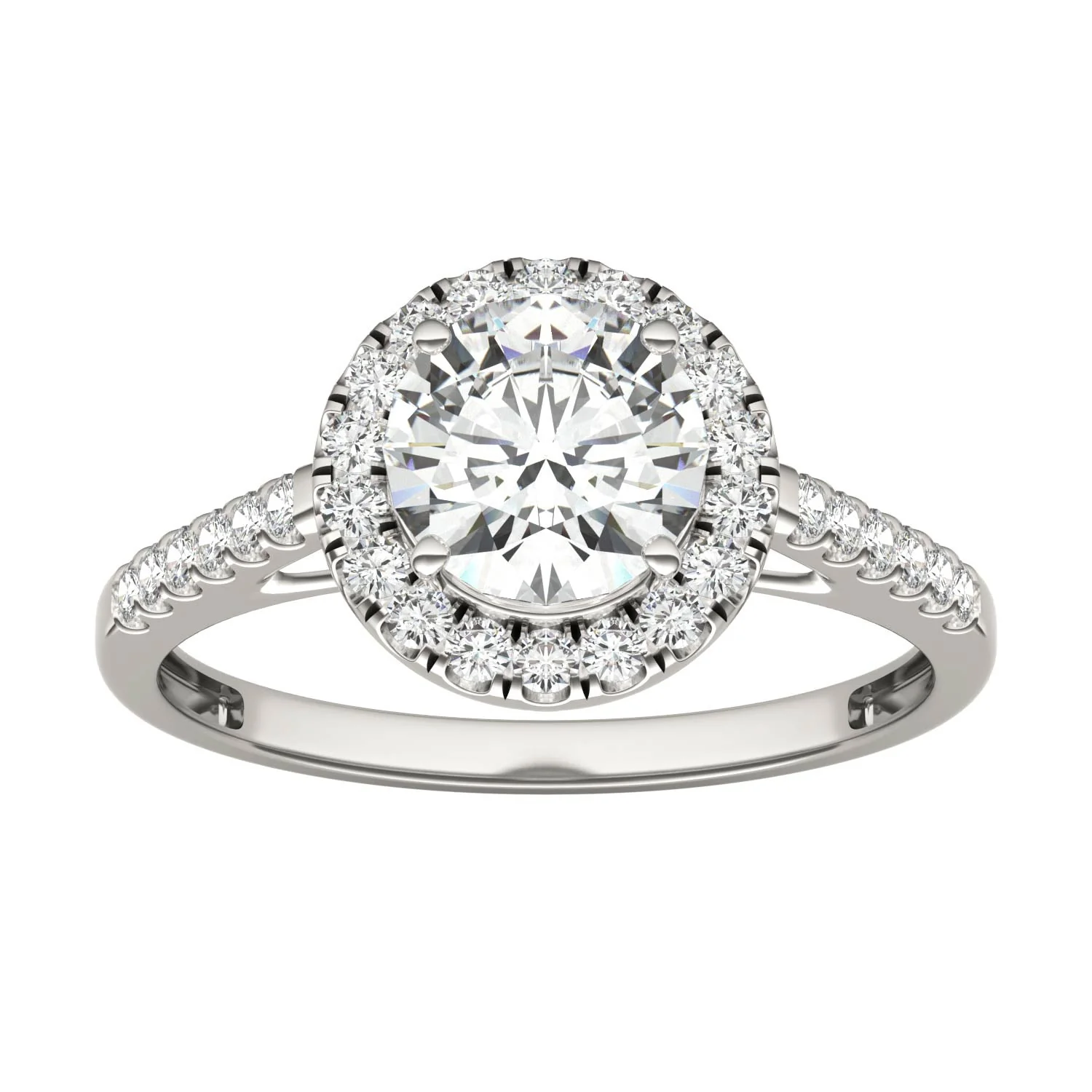 1.45 CTW DEW Round Moissanite Accented Halo Engagement Ring in 14K White Gold