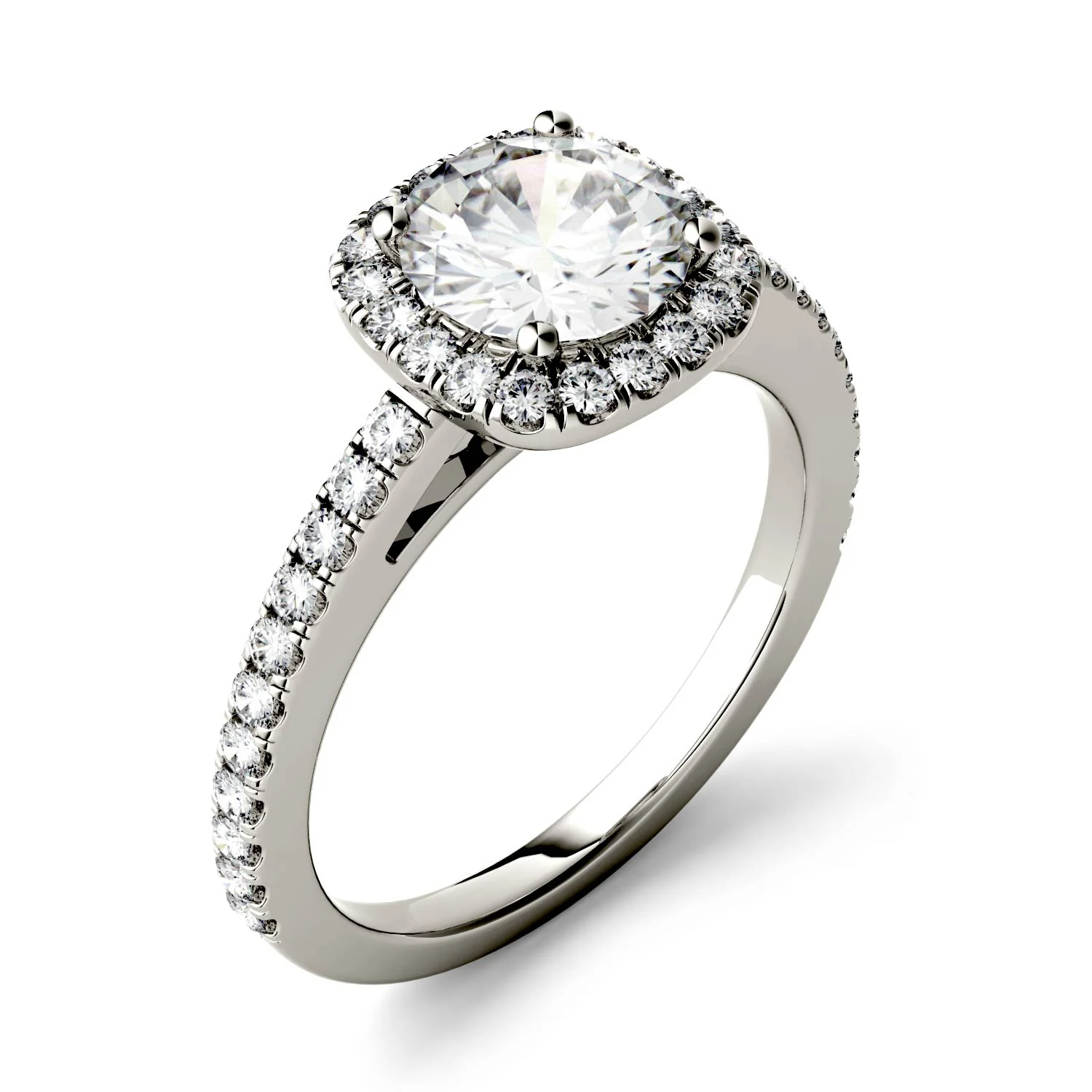 1.41 CTW DEW Round Moissanite Side-Stone Halo Engagement Ring in 14K White Gold - Image 3