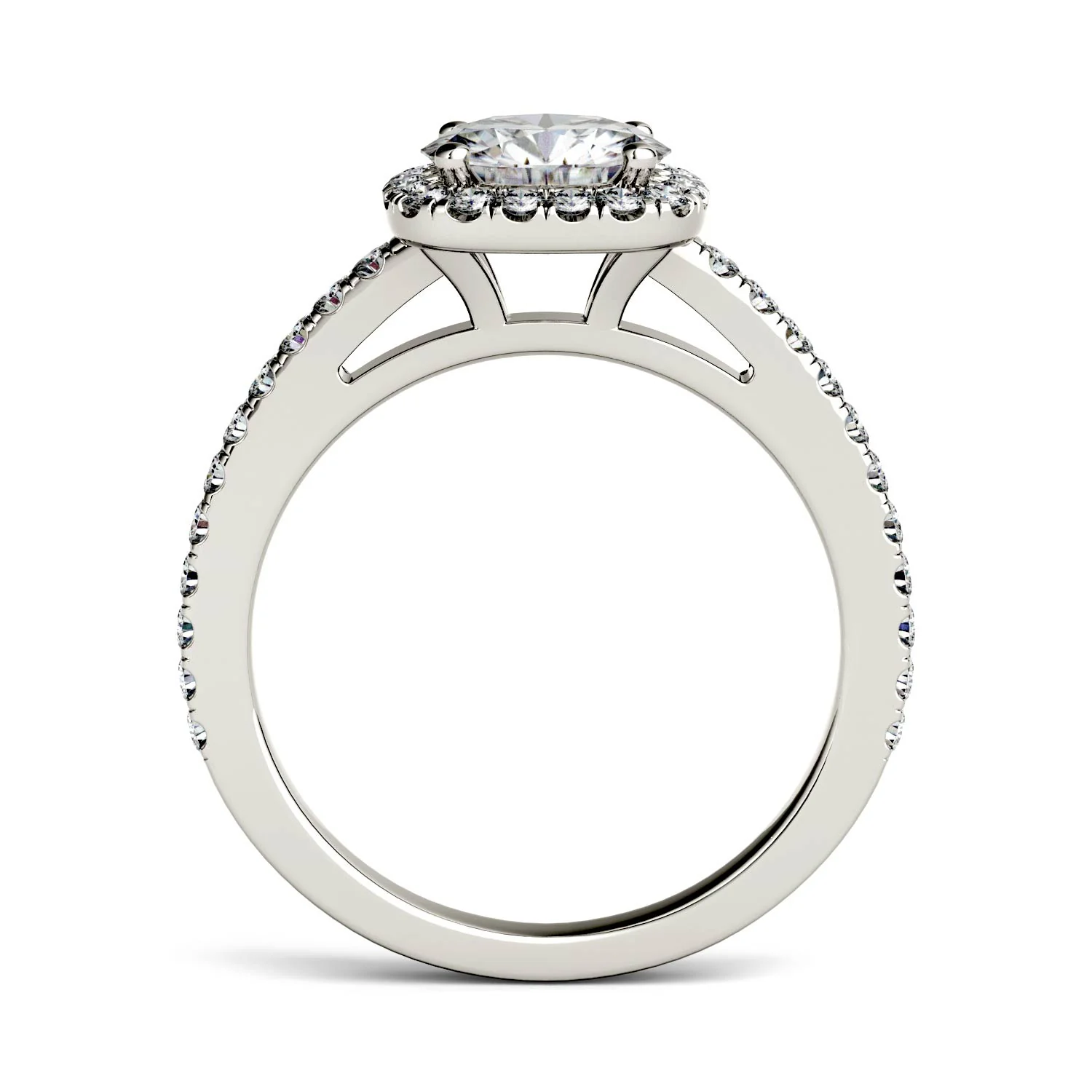 1.41 CTW DEW Round Moissanite Side-Stone Halo Engagement Ring in 14K White Gold - Image 4