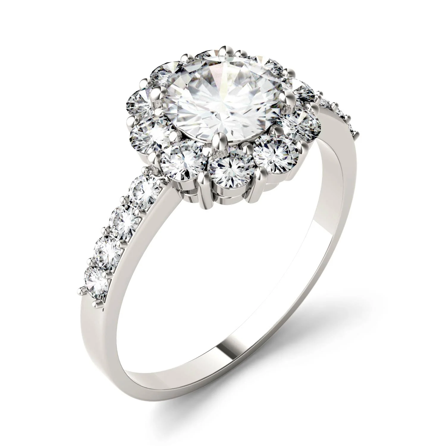1.78 CTW DEW Round Moissanite Flower Halo Engagement Ring in 14K White Gold - Image 2