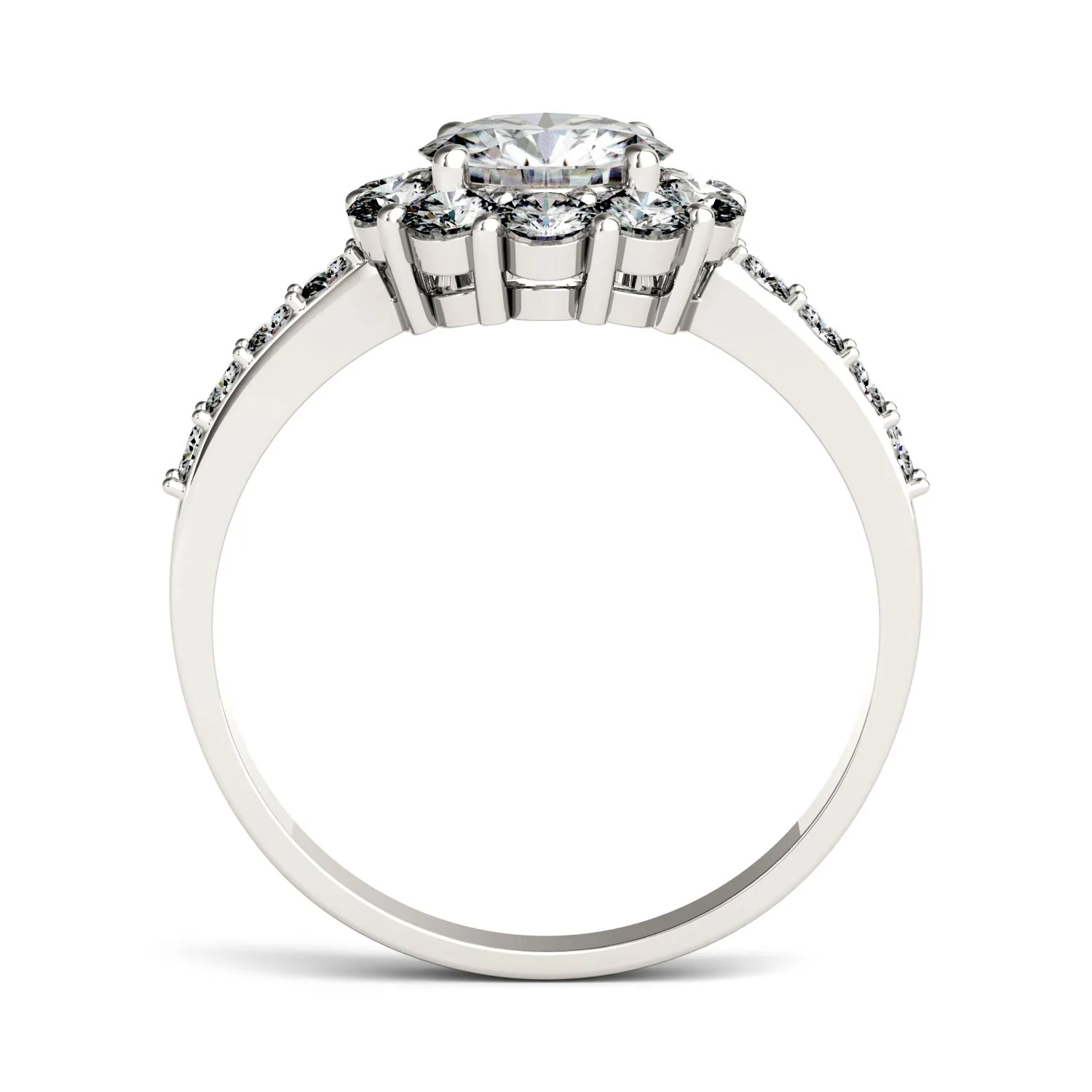 1.78 CTW DEW Round Moissanite Flower Halo Engagement Ring in 14K White Gold - Image 3