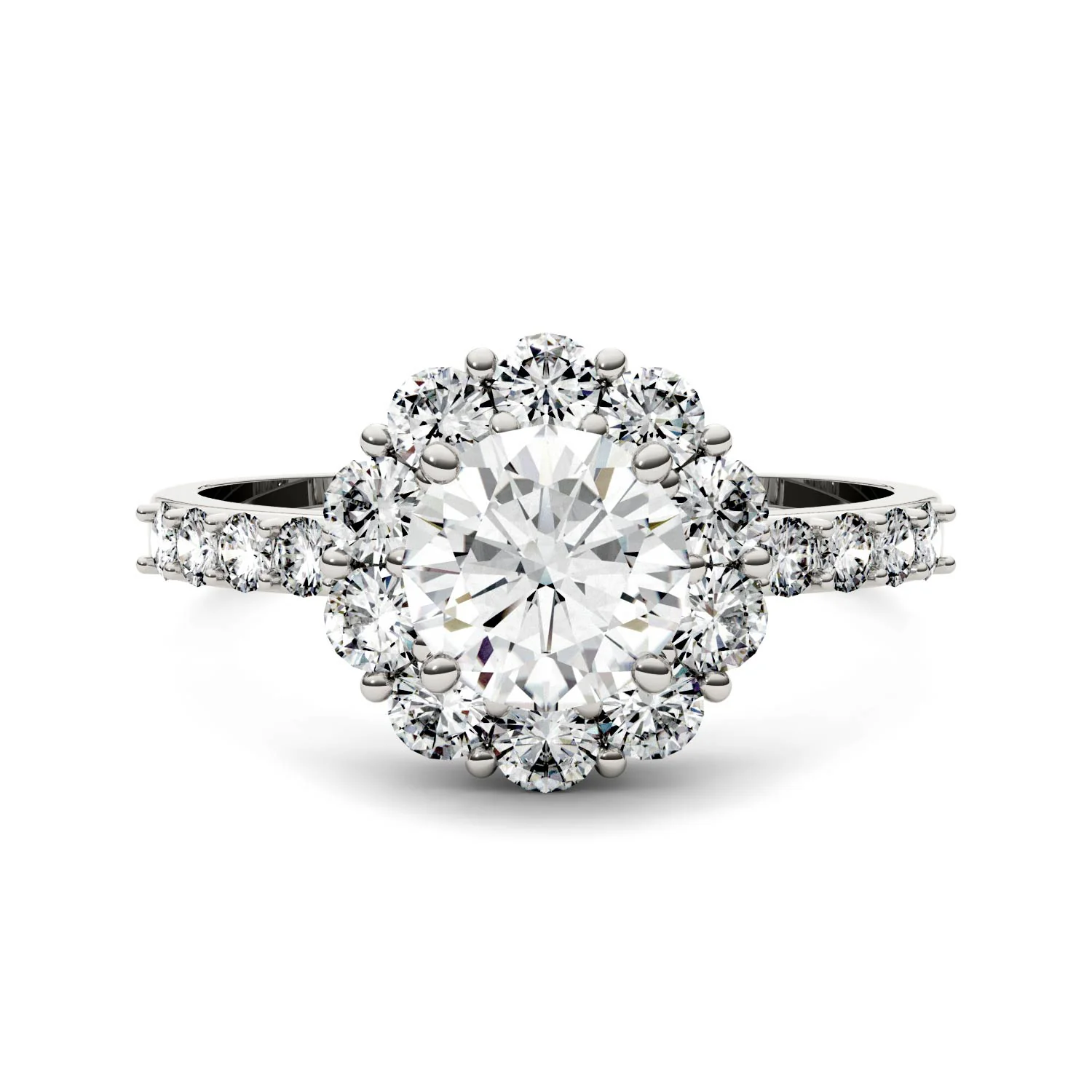 1.78 CTW DEW Round Moissanite Flower Halo Engagement Ring in 14K White Gold - Image 4
