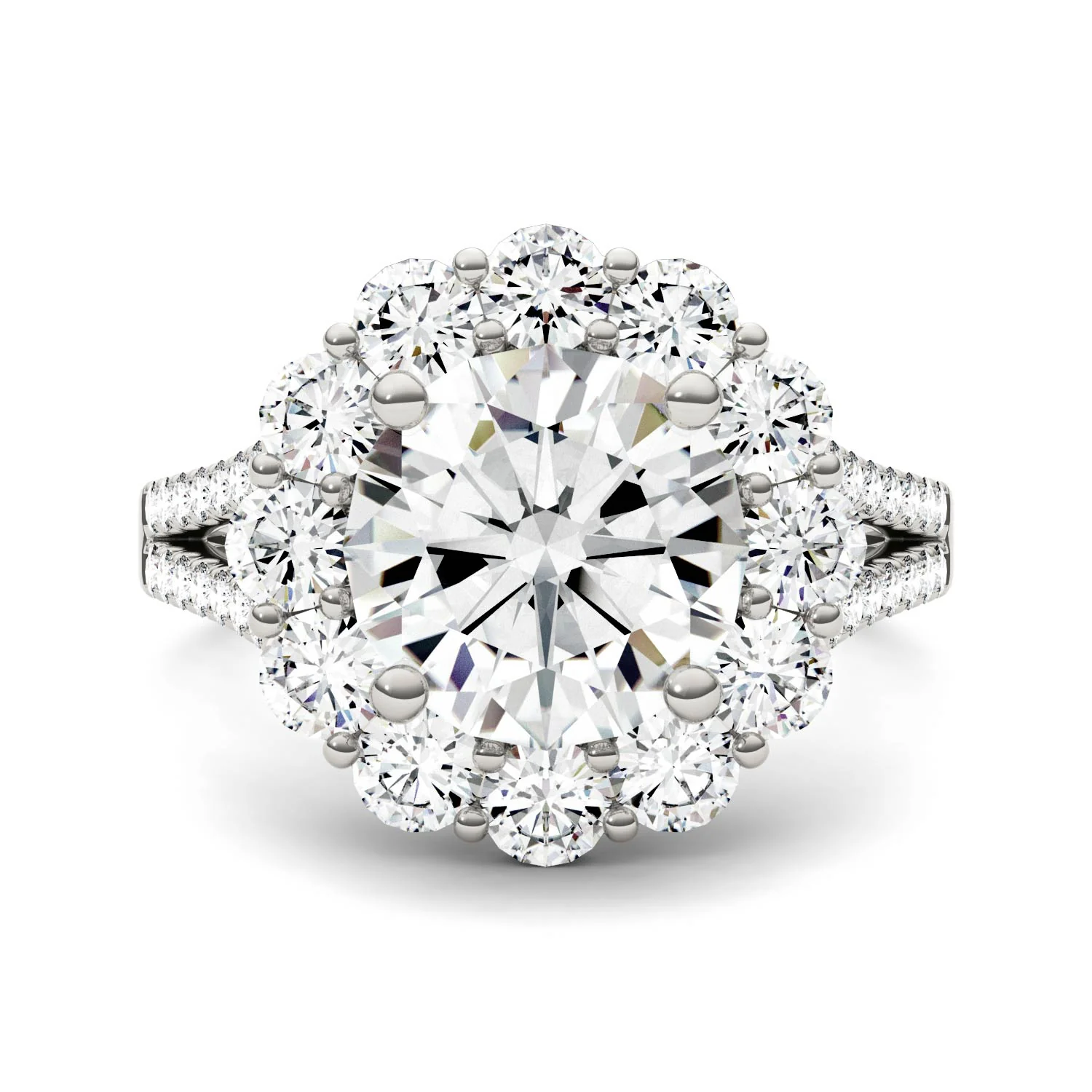 4.22 CTW DEW Round Moissanite Floral Halo Ring in 14K White Gold - Image 4
