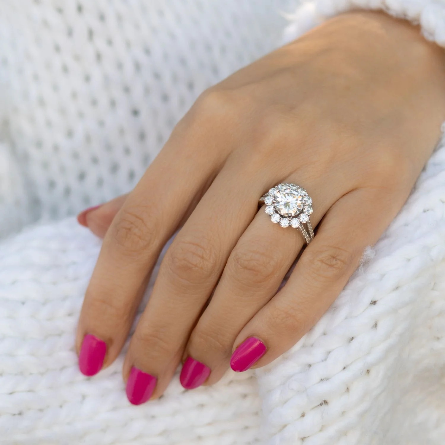 4.22 CTW DEW Round Moissanite Floral Halo Ring in 14K White Gold - Image 6