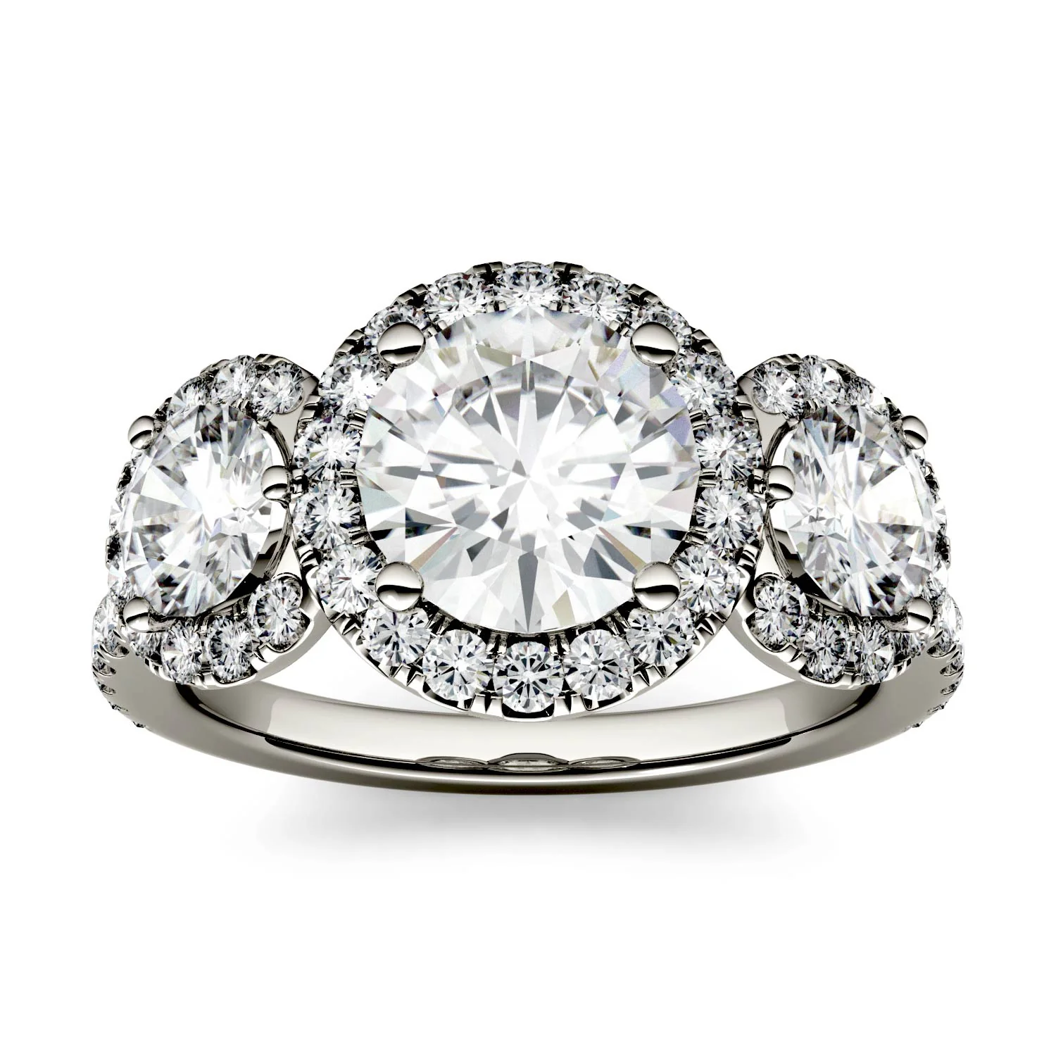 3.09 CTW DEW Round Moissanite Halo Three-Stone Ring in 14K White Gold