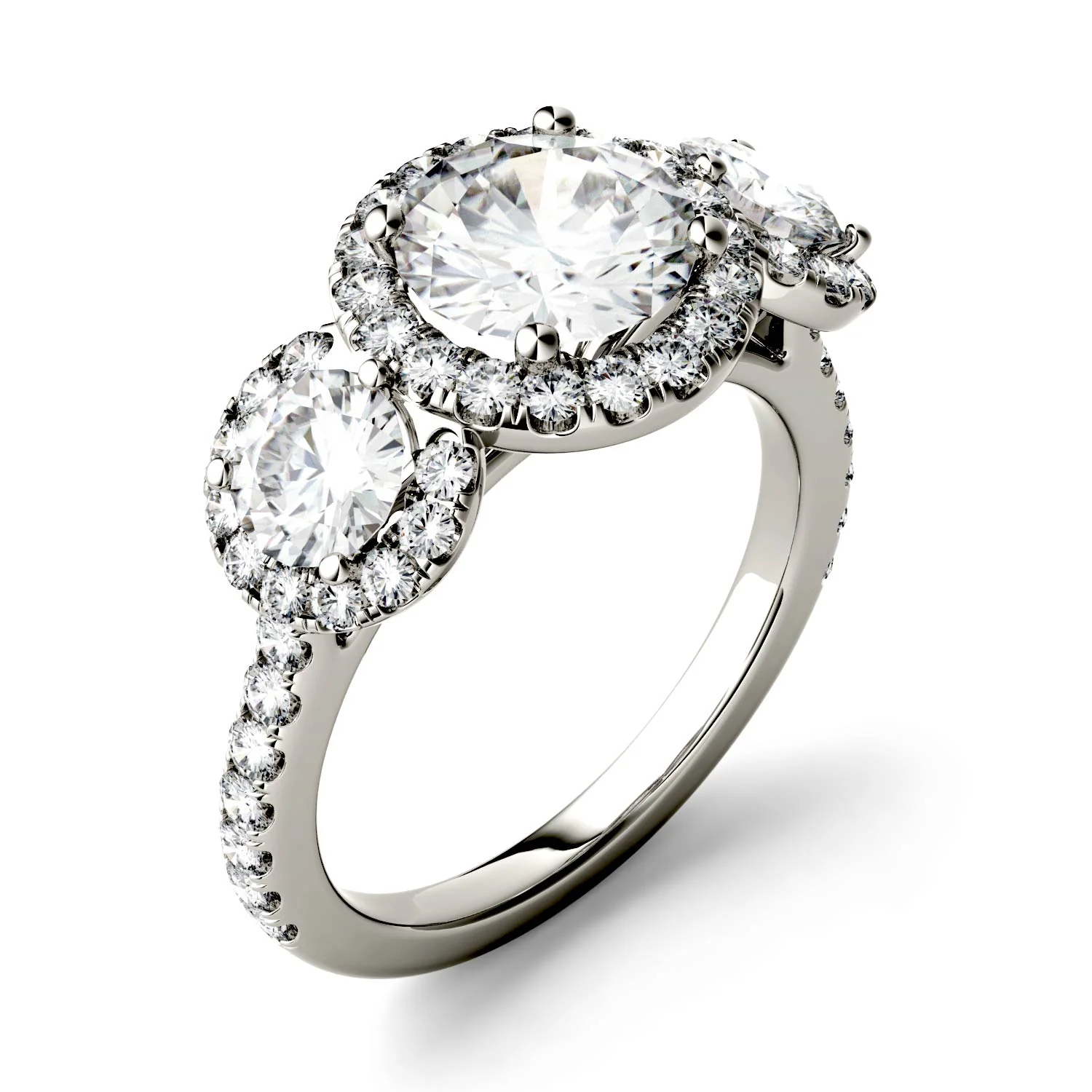 3.09 CTW DEW Round Moissanite Halo Three-Stone Ring in 14K White Gold - Image 2