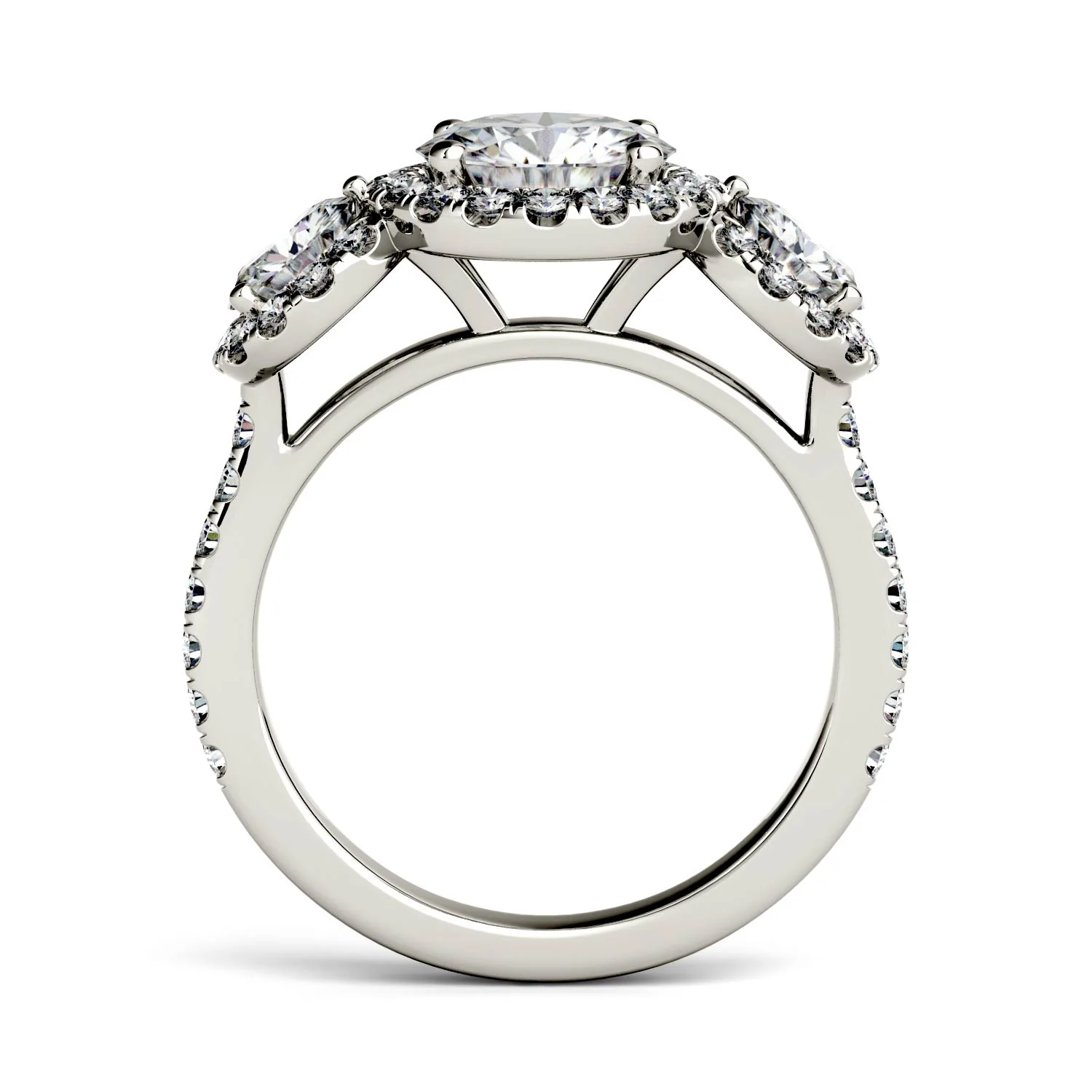 3.09 CTW DEW Round Moissanite Halo Three-Stone Ring in 14K White Gold - Image 3