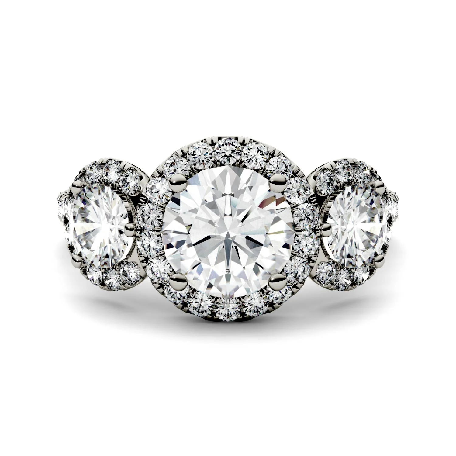 3.09 CTW DEW Round Moissanite Halo Three-Stone Ring in 14K White Gold - Image 4