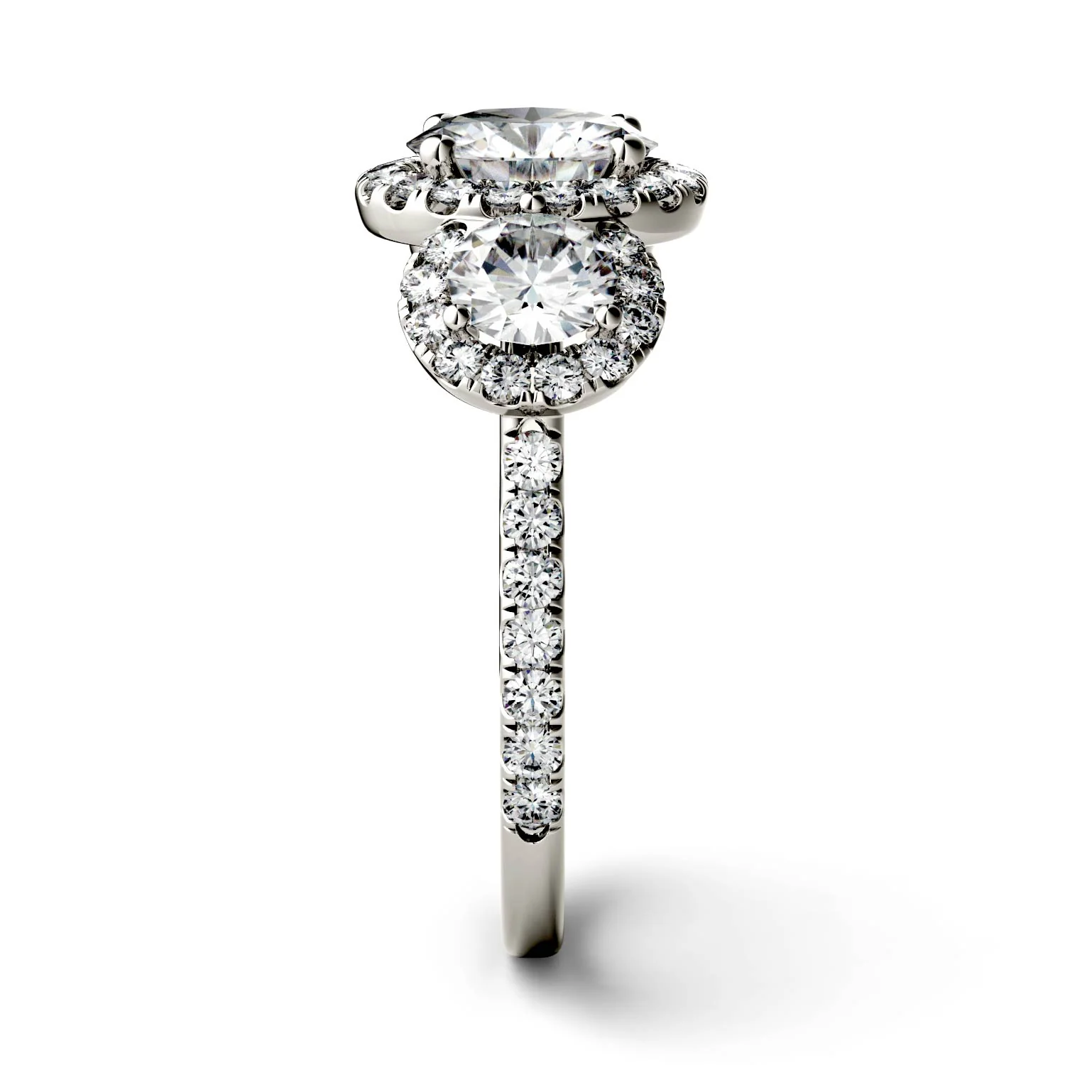 3.09 CTW DEW Round Moissanite Halo Three-Stone Ring in 14K White Gold - Image 5