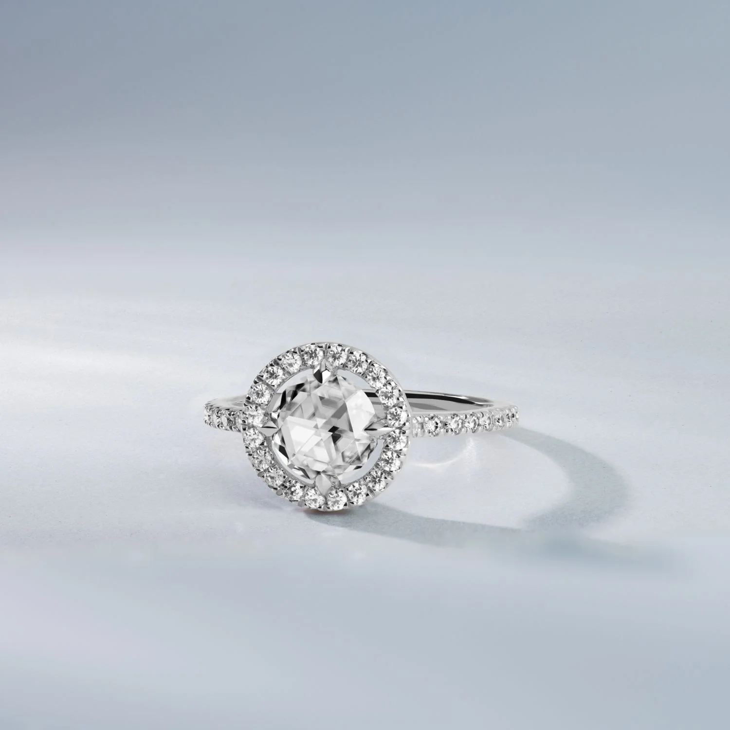 1.56 CTW DEW Round Rose-Cut Moissanite Halo Ring in 14K White Gold - Image 6