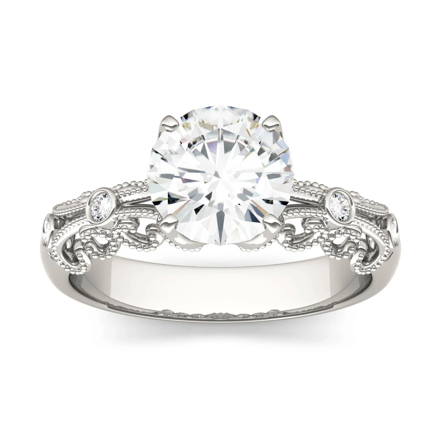1.54 CTW DEW Round Moissanite Milgrain Engagement Ring in 14K White Gold