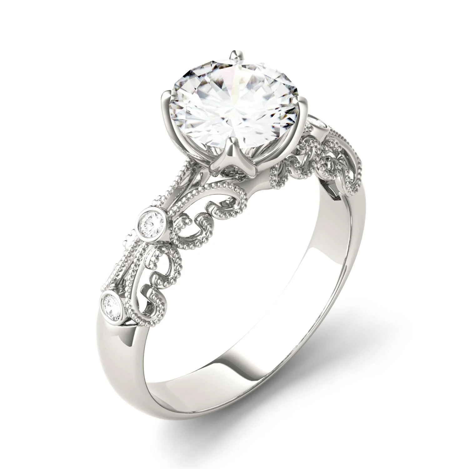 1.54 CTW DEW Round Moissanite Milgrain Engagement Ring in 14K White Gold - Image 2