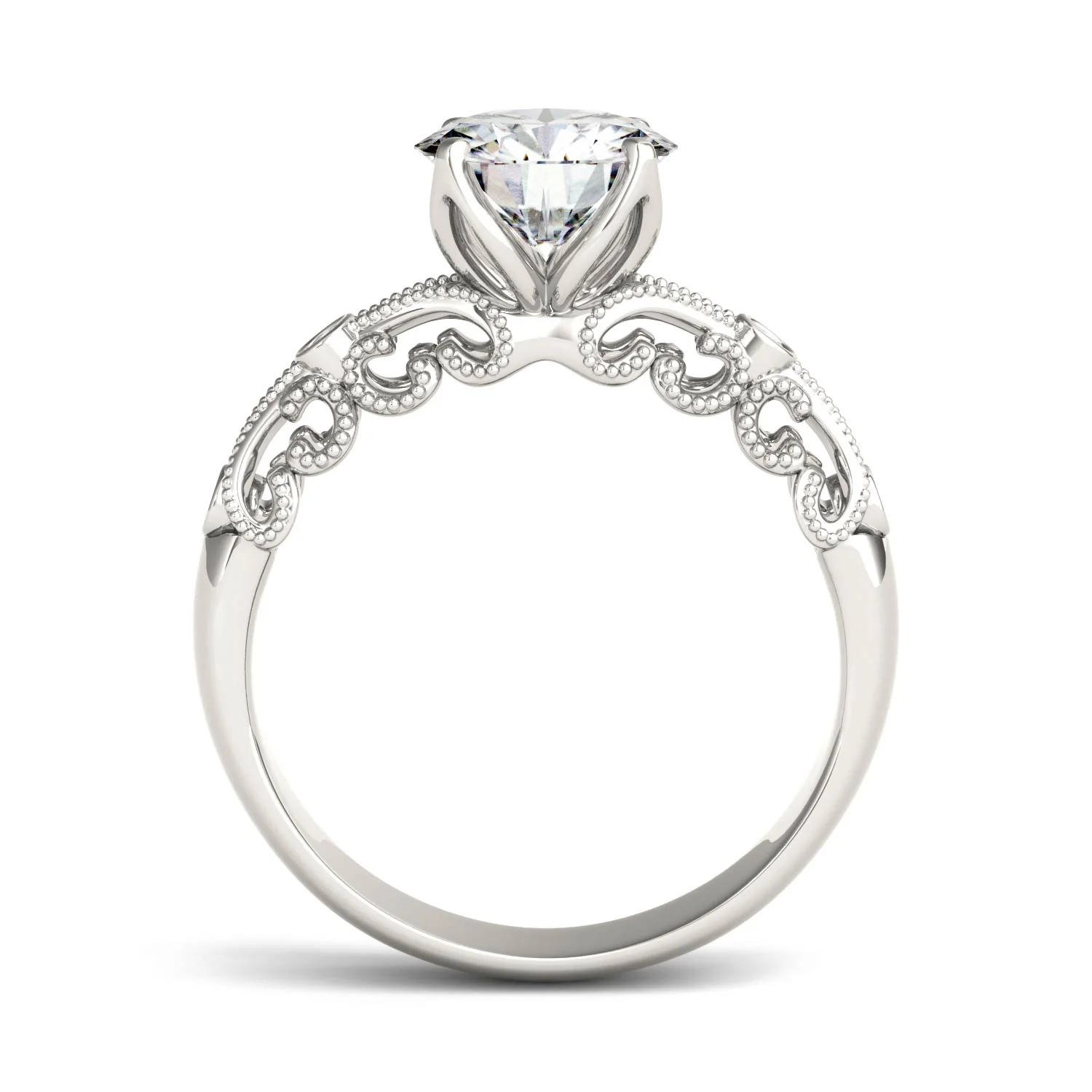 1.54 CTW DEW Round Moissanite Milgrain Engagement Ring in 14K White Gold - Image 3