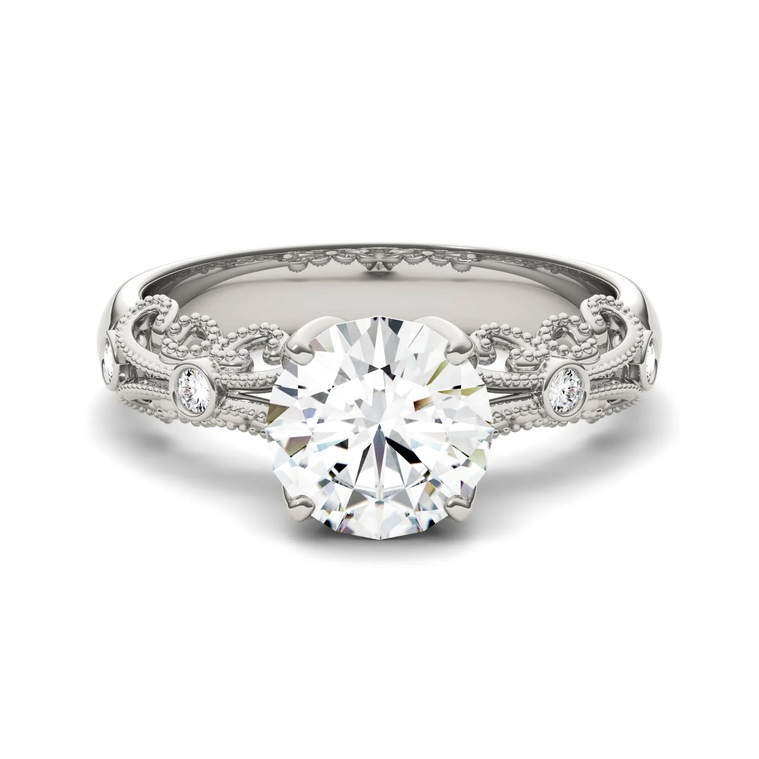 1.54 CTW DEW Round Moissanite Milgrain Engagement Ring in 14K White Gold - Image 4