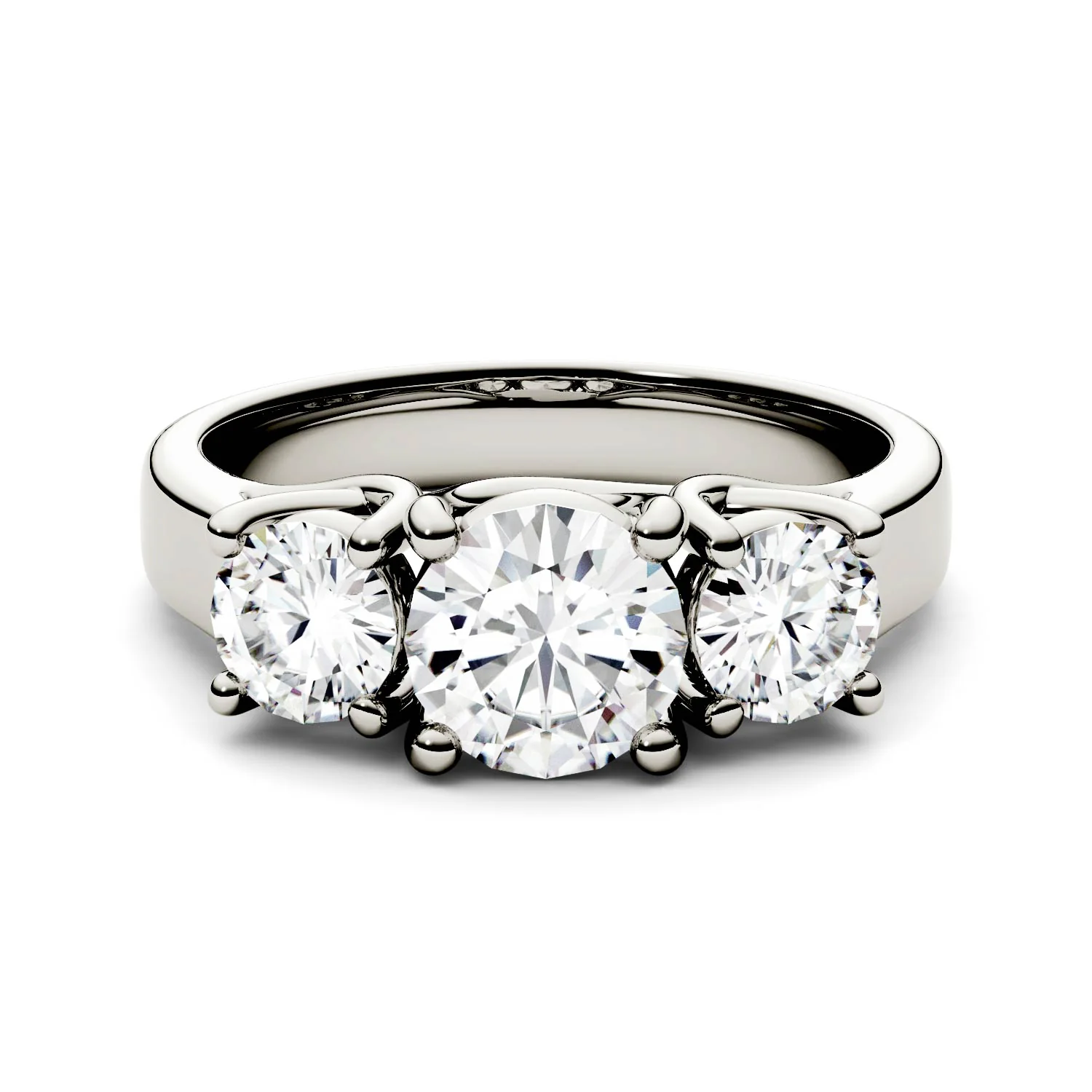 2.00 CTW DEW Round Moissanite Three-Stone Trellis Ring in 14K White Gold