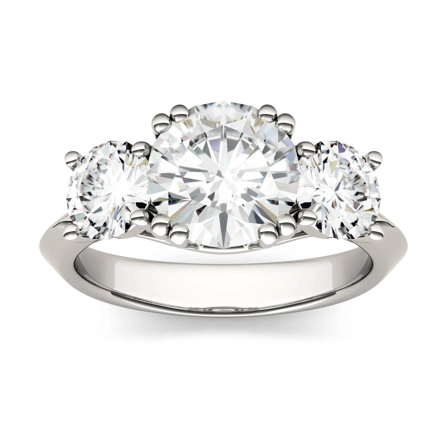 3.10 CTW DEW Round Moissanite Three-Stone Ring in 14K White Gold