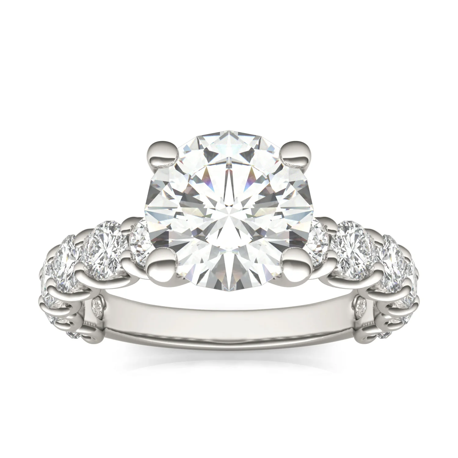 3.76 CTW DEW Round Moissanite Trellis Side-Stone Ring in 14K White Gold