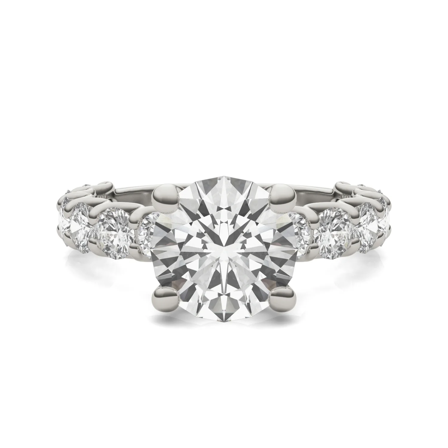 3.76 CTW DEW Round Moissanite Trellis Side-Stone Ring in 14K White Gold - Image 4