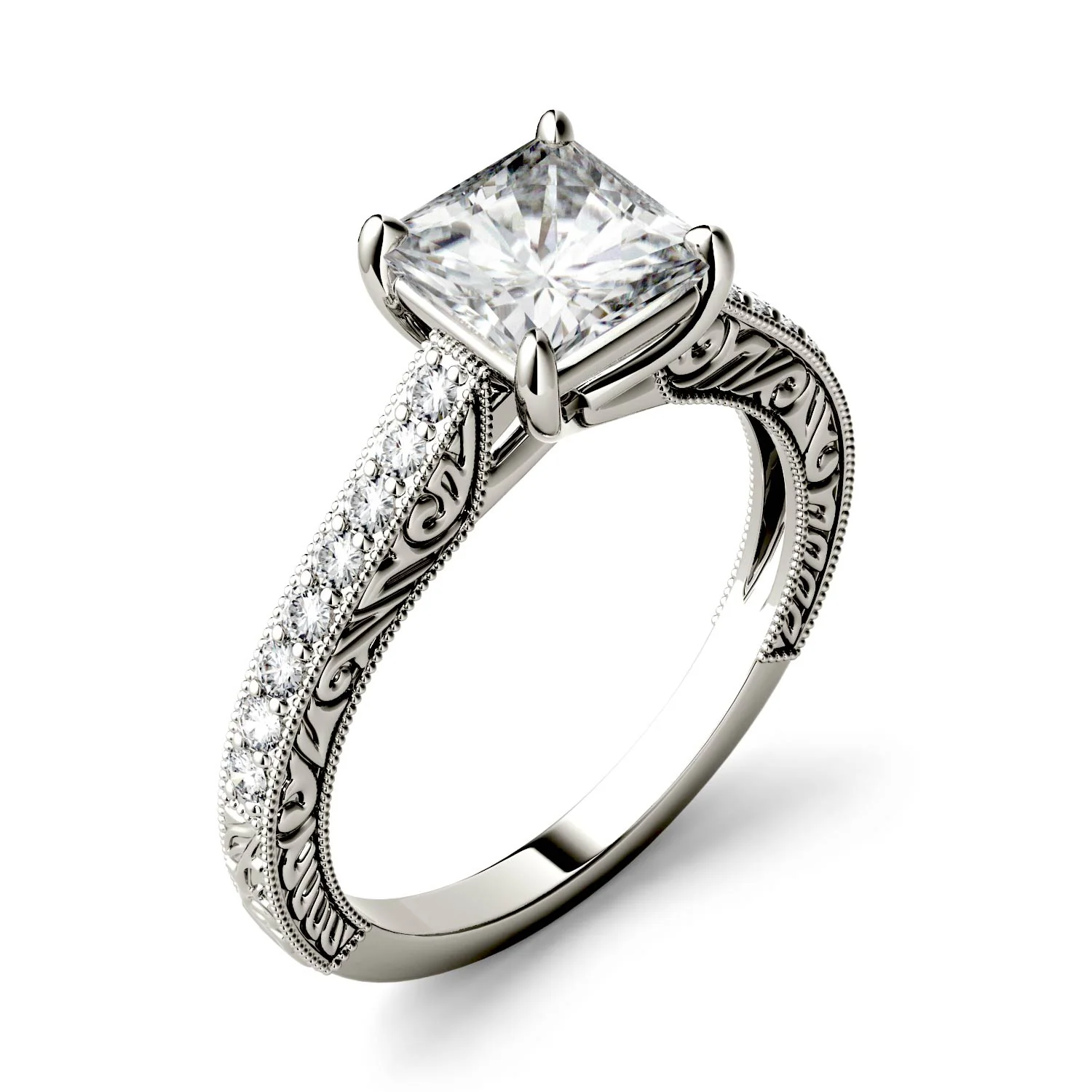 1.94 CTW DEW Square Moissanite Side-Stone Trellis Engagement Ring in 14K White Gold - Image 2