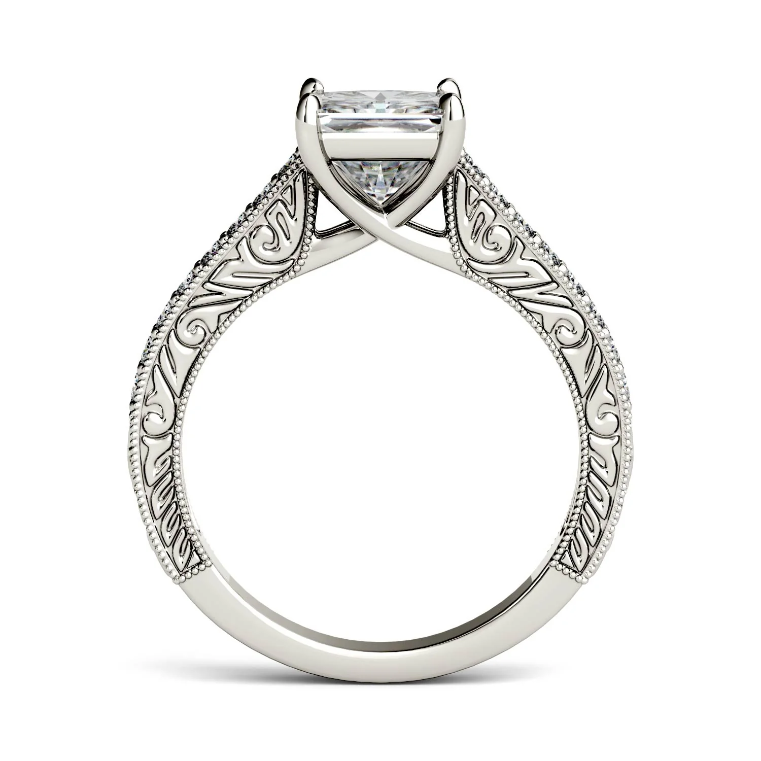 1.94 CTW DEW Square Moissanite Side-Stone Trellis Engagement Ring in 14K White Gold - Image 3